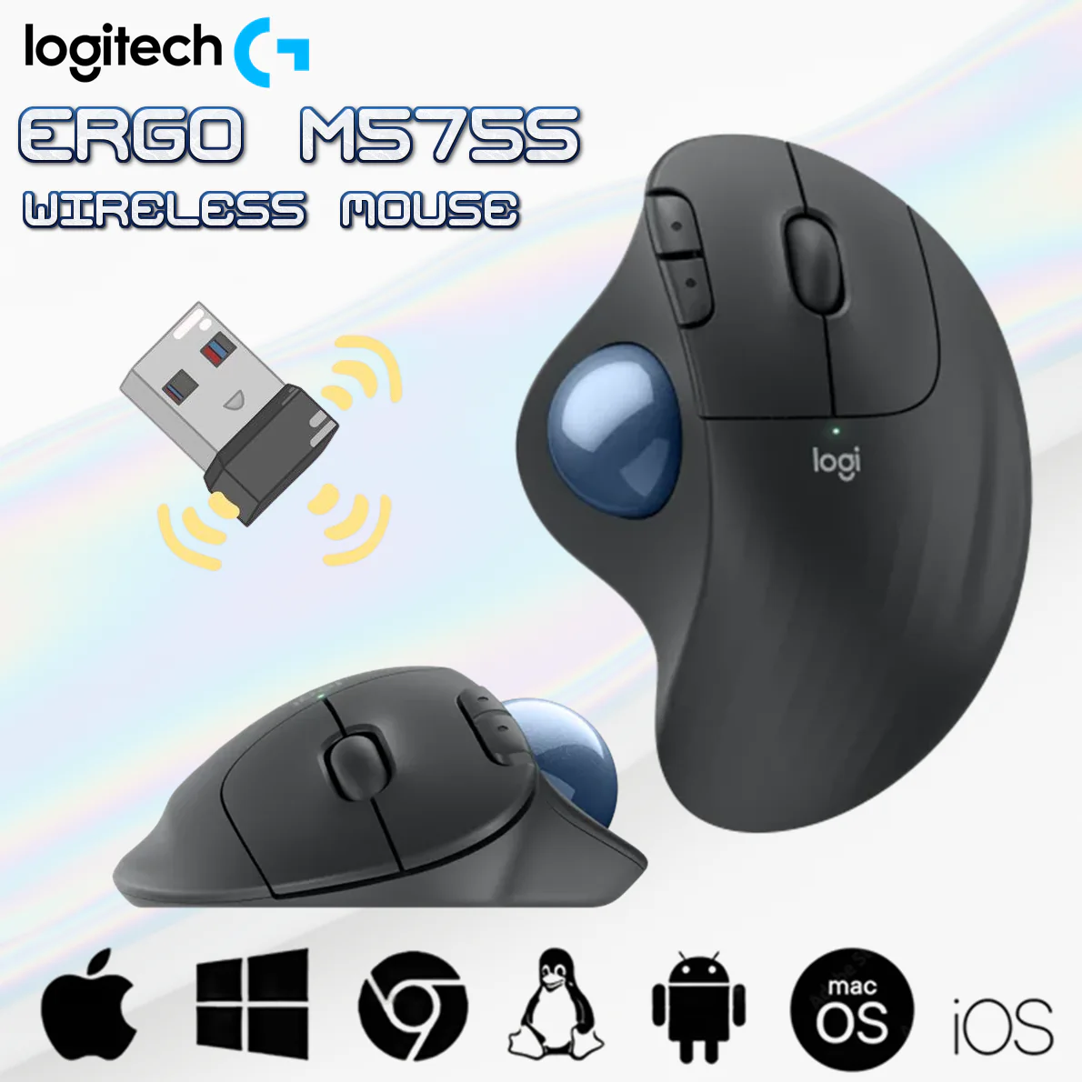 910-007035 LOGITECH MOUSE M575S ERGO WIRELESS GRAPHITE + BLUE BALL Logitech Ergo M575S Wireless Trackball Mouse With Bluetooth & Logi Bolt USB, Ergonomic Thumb Control, 2000 DPI Optical Sensor, 5 Buttons, 18Mo Battery , for Windows - macOS - Linux - ChromeOS - Android - iPadOS|  Graphite Blue Ball