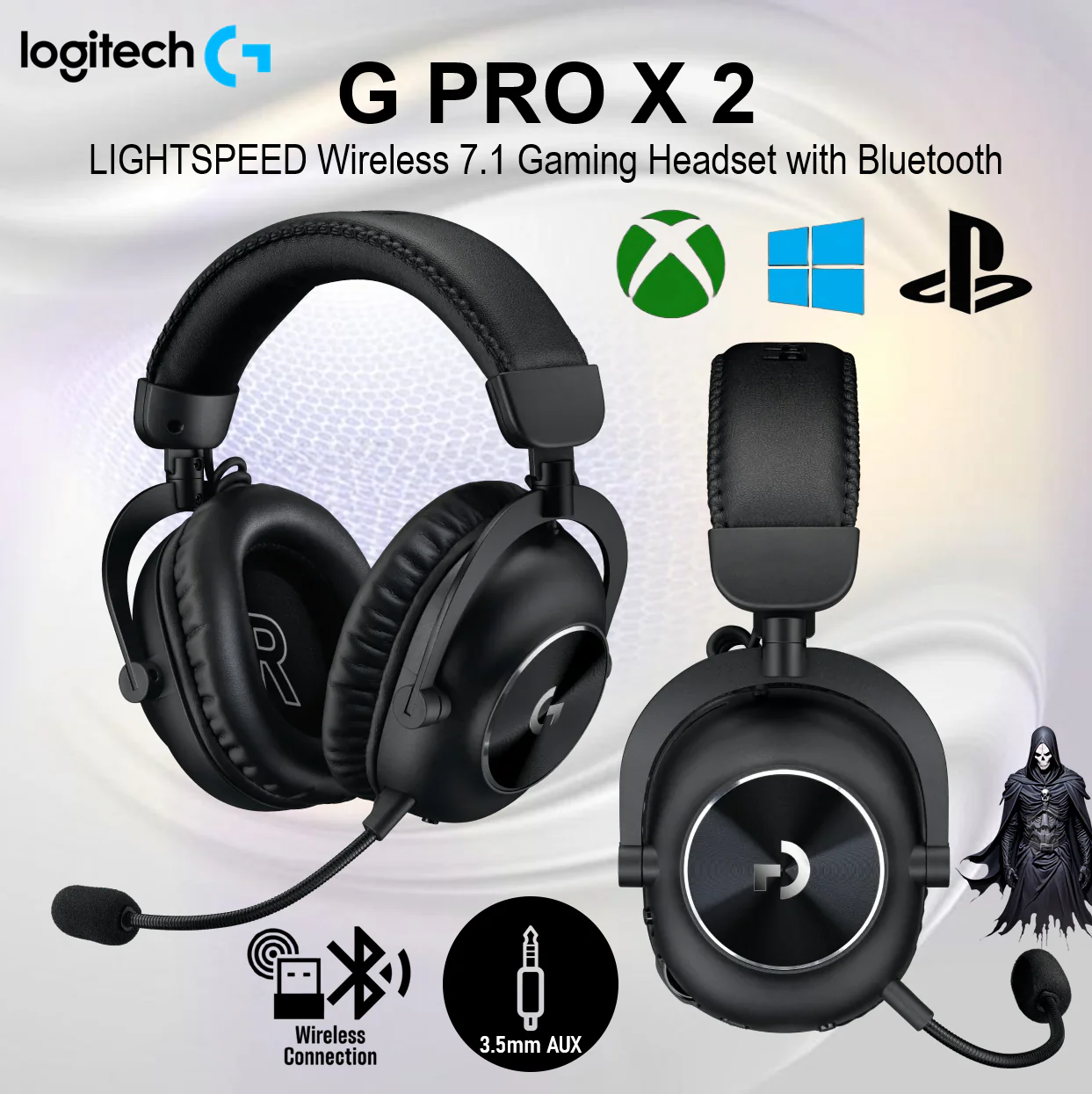 981-001265 LOGITECH HEADSET GPRO X 2 WIRELESS BLACK Logitech G Pro X 2 LIGHTSPEED Wireless Gaming Headset with Mic – 50mm Graphene Drivers, DTS 7.1, Blue VO!CE Mic, 50H Battery, Multi-Device Bluetooth / 2.4GHz  / USB /3.5mm Aux,  3.5mmLogitech G PRO X 2 Lightspeed , for Windows PS4/PS5/PC/Nintendo Switch | Black