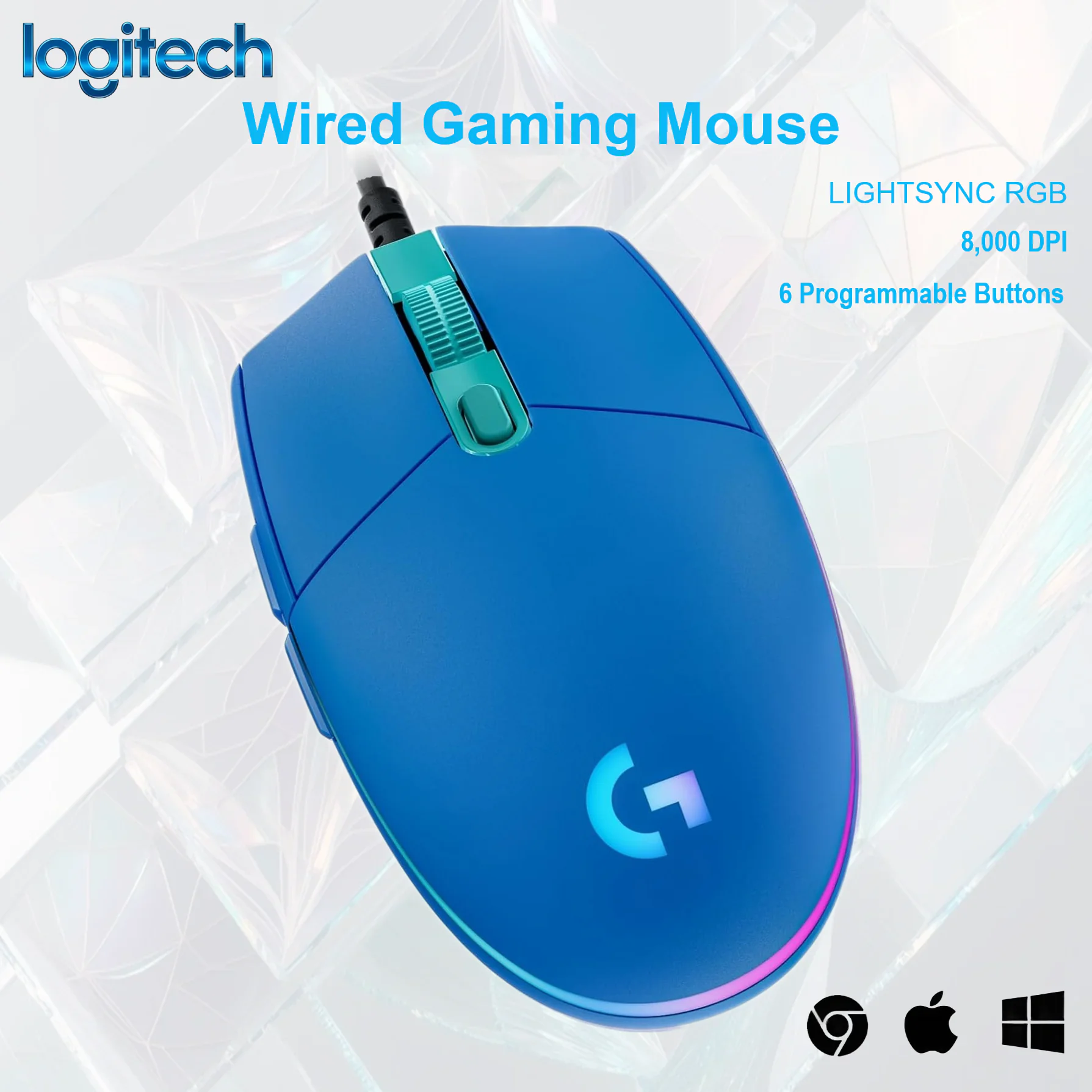 910-005857 LOGITECH MOUSE G102 LIGHTSYNC RGB WIRED BLUE Logitech G102 Wired Gaming Mouse LIGHTSYNC RGB – 8,000 DPI Optical Sensor, 6 Programmable Buttons, Onboard Memory, USB Type-A – Windows/macOS/ChromeOS Compatible Logitech G102 Wired Gaming Mouse, 8,000 DPI, Rainbow Optical Effect LIGHTSYNC RGB, 6 Programmable Buttons, On-Board Memory, Screen Mapping, Windows /Mac/ChromeOS Computer and Laptop Compatible | BLUE