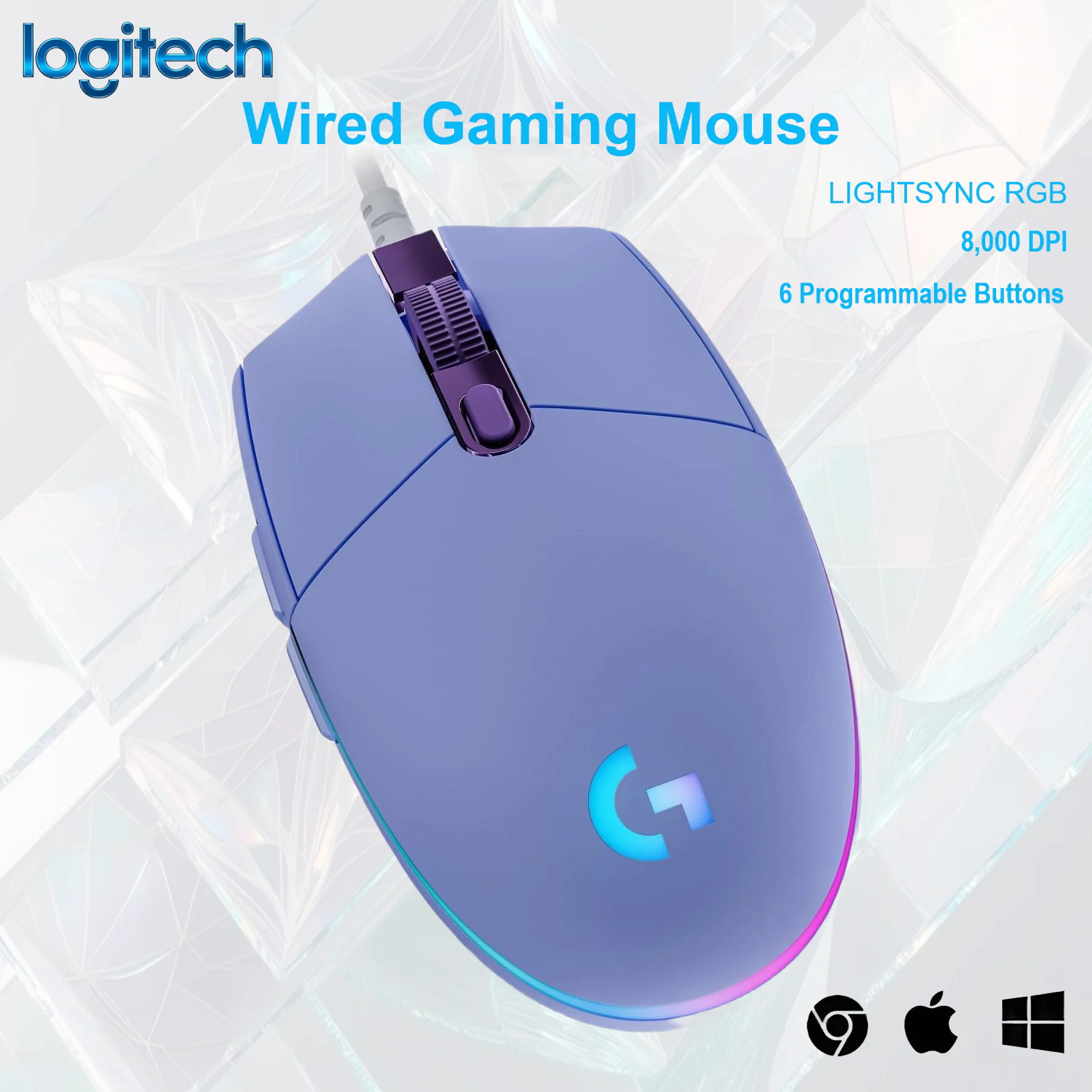 910-005857 LOGITECH MOUSE G102 LIGHTSYNC RGB WIRED LILAC Logitech G203 Wired Gaming Mouse LIGHTSYNC RGB – 8,000 DPI Optical Sensor, 6 Programmable Buttons, Onboard Memory, USB Type-A – Windows/macOS/ChromeOS Compatible Logitech G203 Wired Gaming Mouse, 8,000 DPI, Rainbow Optical Effect LIGHTSYNC RGB, 6 Programmable Buttons, On-Board Memory, Screen Mapping, Windows /Mac/ChromeOS Computer and Laptop Compatible | Lilac 