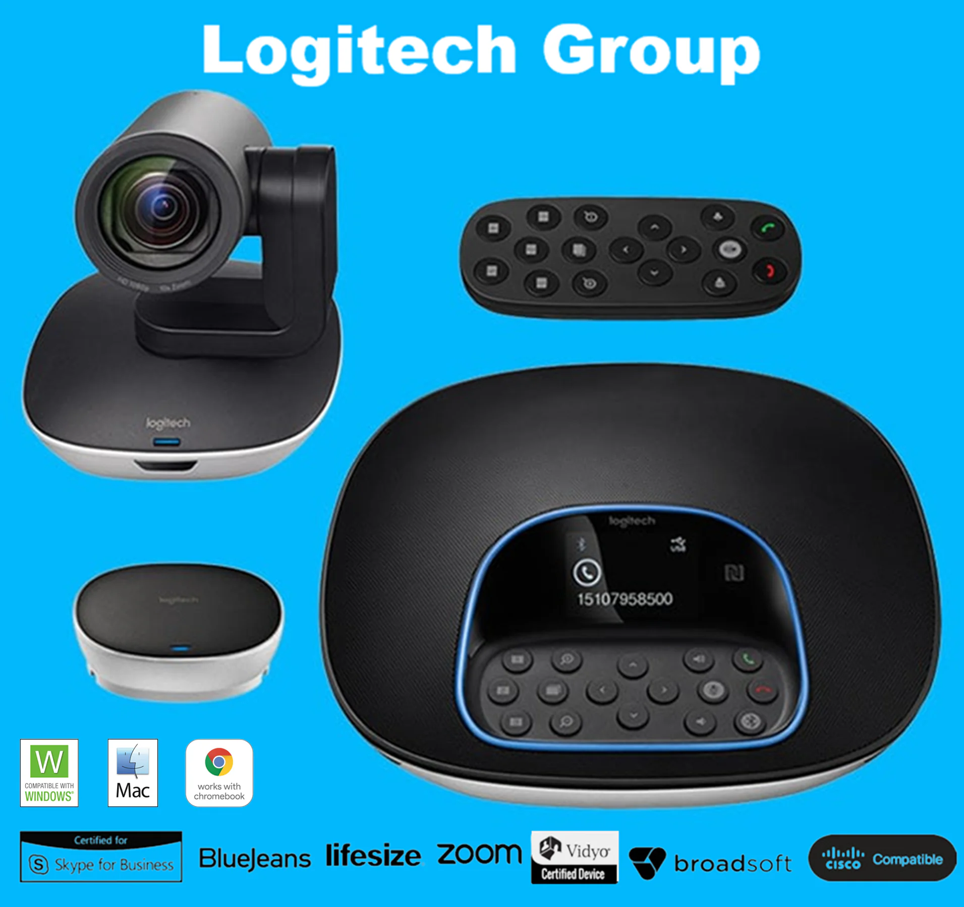 960-001058 LOGITECH CC3500E FHD 1080P GROUP VIDEO CONFERENCING SYSTEM  Logitech Group Full HD 1080p Video Conferencing System With 10x Lossless Zoom, 260° Pan, 130° Tilt, 6m Mic Range, Bluetooth, USB Plug-And-Play, Certified For Teams & Zoom , Windows / macOS / ChromeOS Compatibility