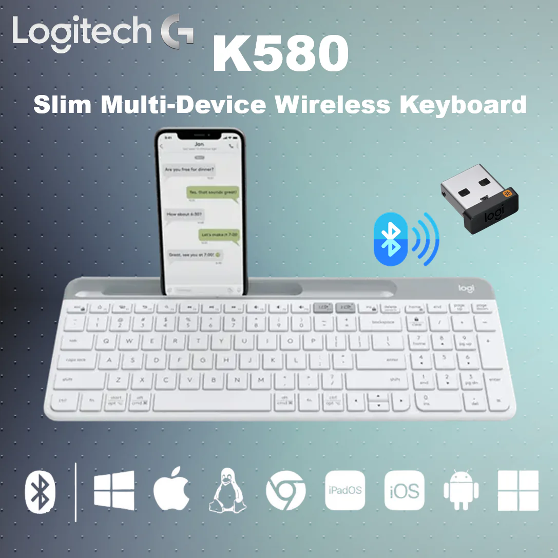 920-011328 LOGITECH KEYBOARD K580 WIRELESS PEARL WHITE  Logitech K580 Slim Multi-Device Wireless Keyboard - Compact Modern Design With Number Pad, Easy-Switch Bluetooth & 2.4 GHz USB Connectivity, Quiet Laptop-Style Keys, Supports Windows /macOS/ iOS /Android /Linux/ ChromeOS/ iPadOS  | PEARL WHITE 