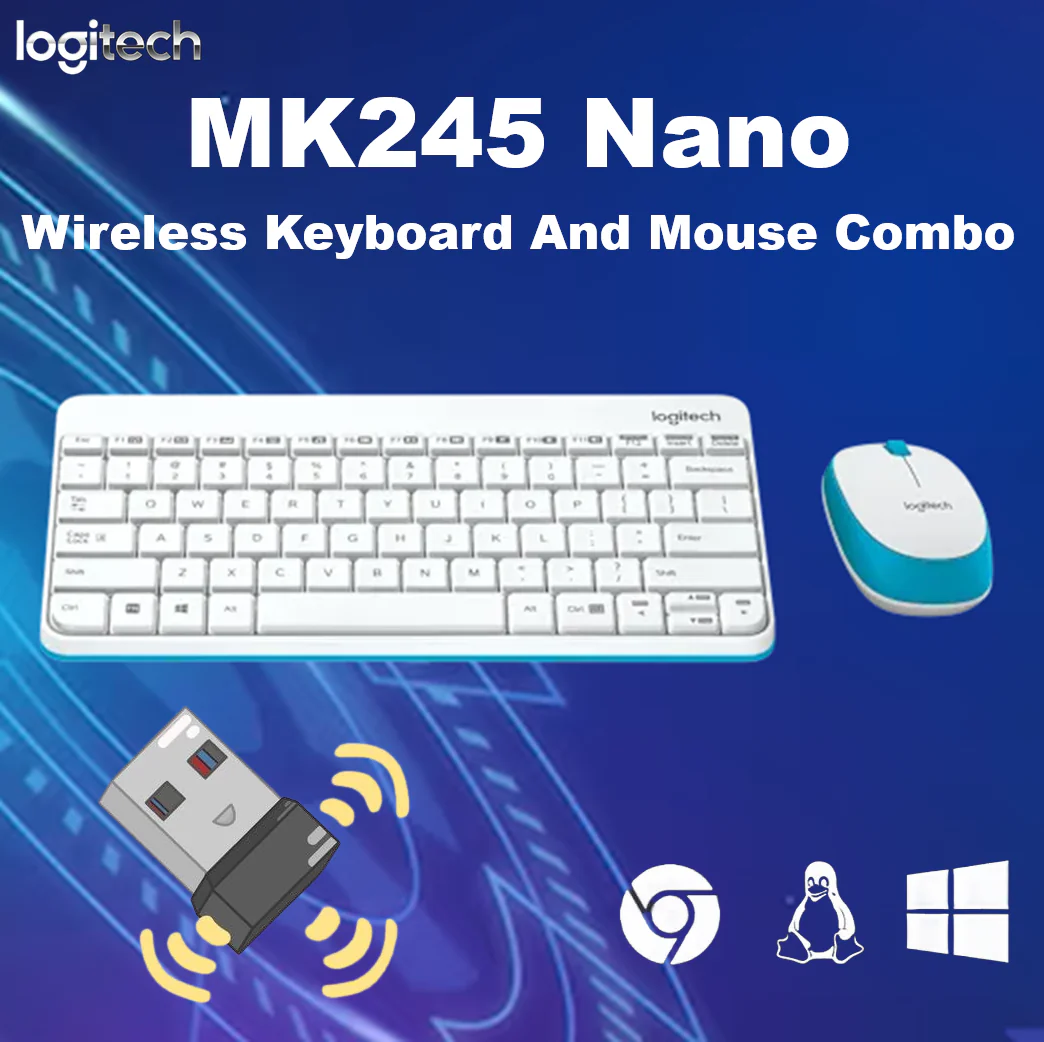 920-008199 LOGITECH KEYBOARD MK245 NANO WIRELESS WHITE COMBO Logitech MK245 Nano Wireless Keyboard And Mouse Combo – Mini Space-Saving Design, Spill-Resistant Keys, Ambidextrous Optical Mouse, 36-Month Keyboard Battery, USB Receiver, Supports Windows®/ ChromeOS/ Linux  | White & Cyan 