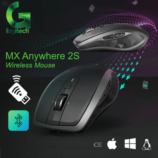 910-006287 LOGITECH MOUSE MX ANYWHERE 2S WIRELESS BLACK Logitech MX Anywhere 2S Compact Wireless Laser Mouse, Bluetooth & USB, 4000 DPI, 7 Buttons, Darkfield Sensor, Hyperfast Scroll, Rechargeable, Multi-Device , for Windows-macOS- iPadOS-Linux |  Graphite