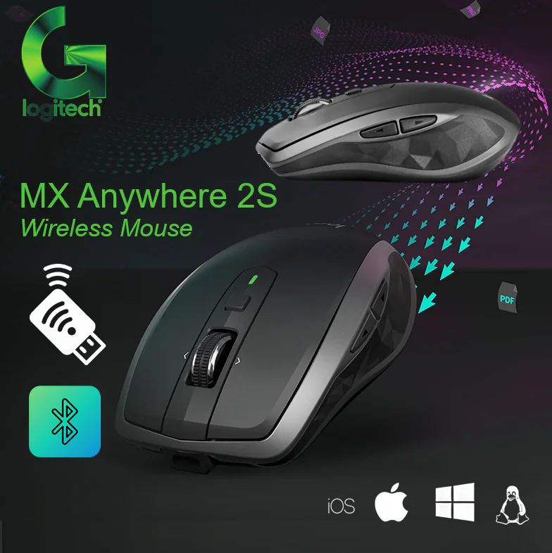 910-006287 LOGITECH MOUSE MX ANYWHERE 2S WIRELESS BLACK Logitech MX Anywhere 2S Compact Wireless Laser Mouse, Bluetooth & USB, 4000 DPI, 7 Buttons, Darkfield Sensor, Hyperfast Scroll, Rechargeable, Multi-Device , for Windows-macOS- iPadOS-Linux |  Graphite