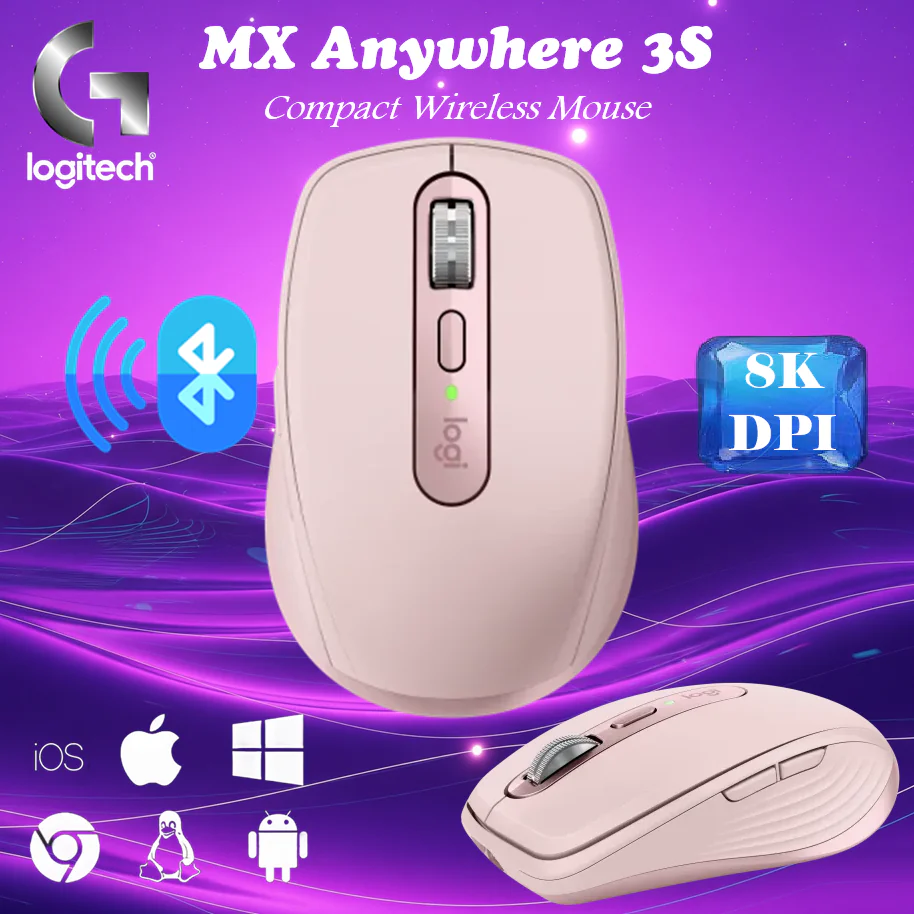 910-006940 LOGITECH MOUSE MX ANYWHERE 3S WIRELESS ROSE PINK  Logitech MX Anywhere 3S Compact Wireless Mouse, Fast Scrolling, 8K DPI Any-Surface Tracking, Quiet Clicks, Programmable Buttons, USB C, Bluetooth, Windows PC, Linux, Chrome, Mac - Rose Logitech MX Anywhere 3S – Ultra-Precise 8K DPI Mouse Any-Surface Tracking, MagSpeed Scroll, USB-C Rechargeable, Quiet Clicks, Bluetooth Only, Up to 3 Devices At The Same Time, Works on Glass, Programmable Buttons, Win/macOS/ChromeOS/Linux | ROSE PINK