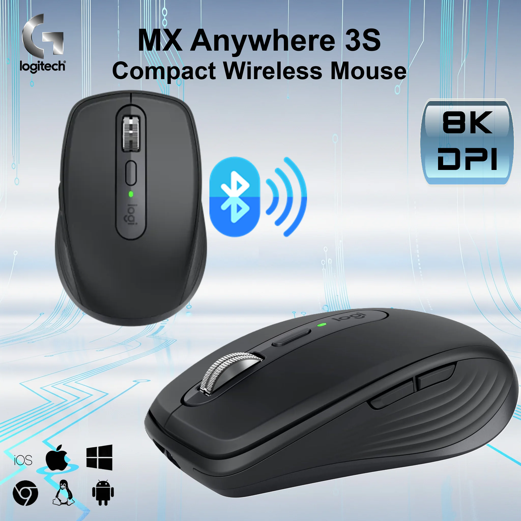 910-006938 LOGITECH MOUSE MX ANYWHERE 3S WIRELESS GRAPHITE GRAY Logitech MX Anywhere 3S Compact Wireless Mouse, Fast Scrolling, 8K DPI Any-Surface Tracking, Quiet Clicks, Programmable Buttons, USB C, Bluetooth, Windows PC, Linux, Chrome, Mac - Graphite Logitech MX Anywhere 3S – Ultra-Precise 8K DPI Mouse Any-Surface Tracking, MagSpeed Scroll, USB-C Rechargeable, Quiet Clicks, Bluetooth Only, Up to 3 Devices At The Same Time, Works on Glass, Programmable Buttons, Win/macOS/ChromeOS/Linux | Graphite