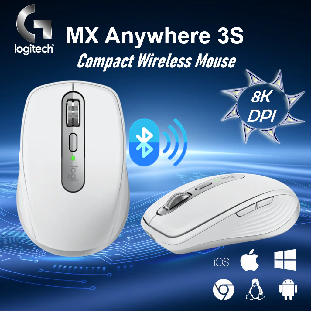 910-006939 LOGITECH MOUSE MX ANYWHERE 3S WIRELESS LIGHT GRAY  Logitech MX Anywhere 3S Compact Wireless Mouse, Fast Scrolling, 8K DPI Any-Surface Tracking, Quiet Clicks, Programmable Buttons, USB C, Bluetooth, Windows PC, Linux, Chrome, Mac - Pale Grey Logitech MX Anywhere 3S – Ultra-Precise 8K DPI Mouse Any-Surface Tracking, MagSpeed Scroll, USB-C Rechargeable, Quiet Clicks, Bluetooth Only, Up to 3 Devices At The Same Time, Works on Glass, Programmable Buttons, Win/macOS/ChromeOS/Linux | PALE GREY
