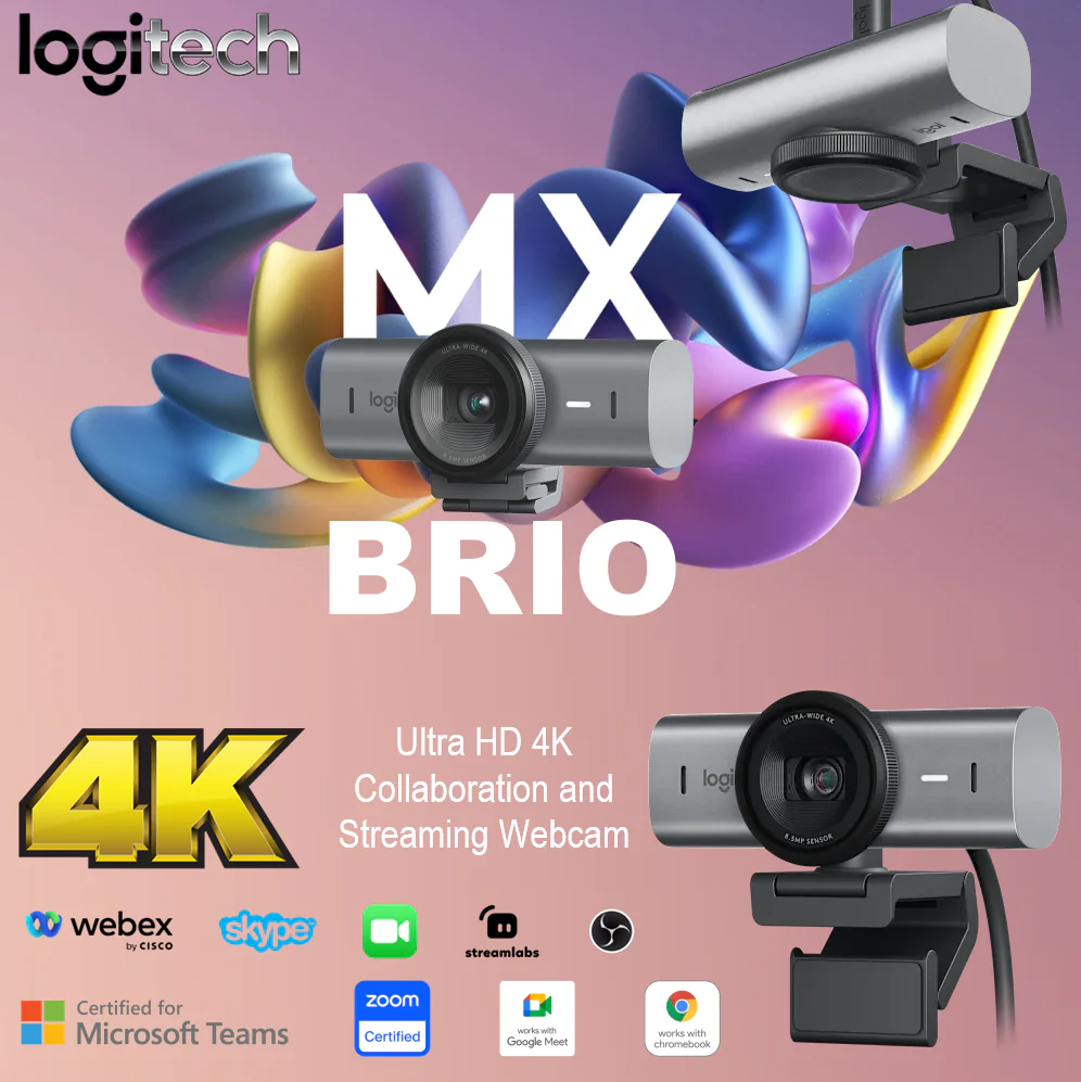 Logitech MX Brio Ultra HD 4K Collaboration and Streaming Webcam 960-001549 LOGITECH WEBCAM MX BRIO UHD 4K 1080P GRAPHITE GRAY Logitech MX Brio Ultra HD 4K Streaming & Collaboration Webcam, AI Image Optimization, Dual Noise-Reducing Mics, Privacy Shutter, USB-C, Show Mode, Windows macOS ChromeOS Linux