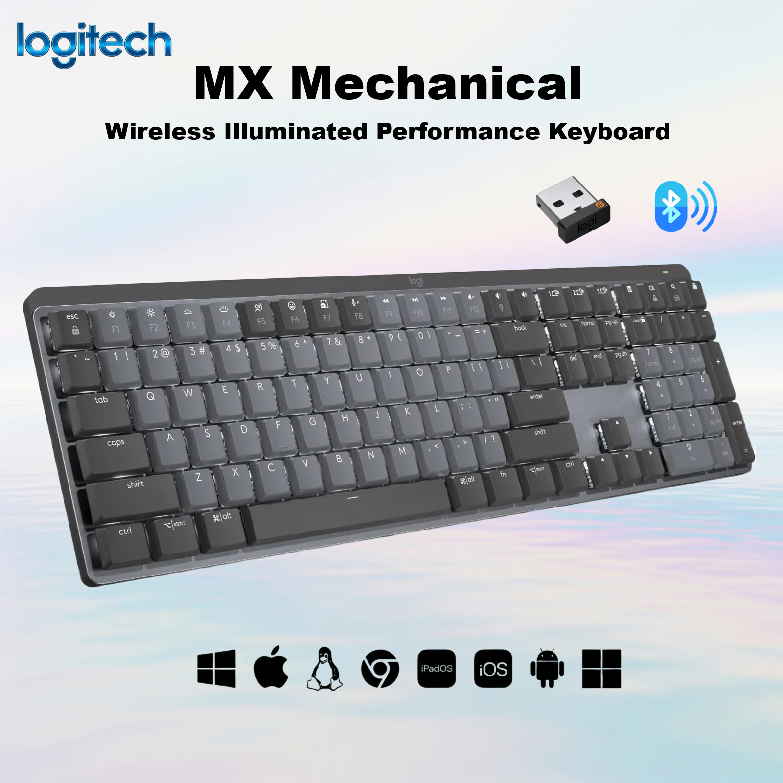 920-010766 LOGITECH KEYBOARD MX MECHANICAL WIRELESS GRAPHITE GRAY RED AXIS Logitech MX Mechanical Wireless Keyboard  Linear Red Switch Full-Size Backlit Bluetooth & Logi Bolt USB-C Rechargeable Multi-Device Compatible | Graphite Gray Logitech MX Mechanical Wireless Illuminated Full-Size Keyboard , Red Linear Switches, Backlit Keys, Bluetooth & 2.4 GHz Logi Bolt, USB-C Rechargeable, Connect Up To 3 Devices, Supports Windows/macOS/Linux/ChromeOS/iPadOS/Android - Graphite Grey