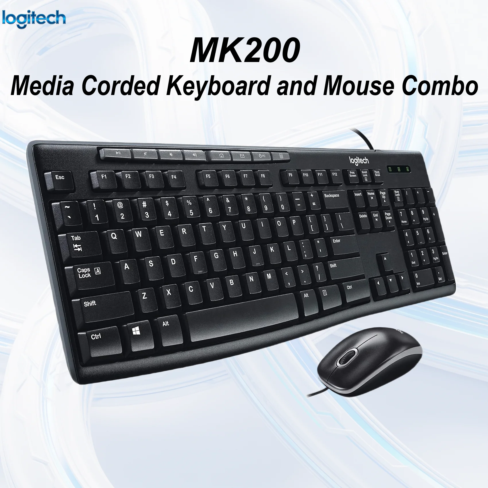 920-002694 LOGITECH KEYBOARD MK200 WIRED BLACK COMBO Logitech MK200 Media Corded Keyboard & Mouse Combo, USB Plug & Play, Spill-Resistant, Full-Size with Number Pad & 8 Hotkeys, Optical Mouse, Windows 10/11 – Graphite Grey