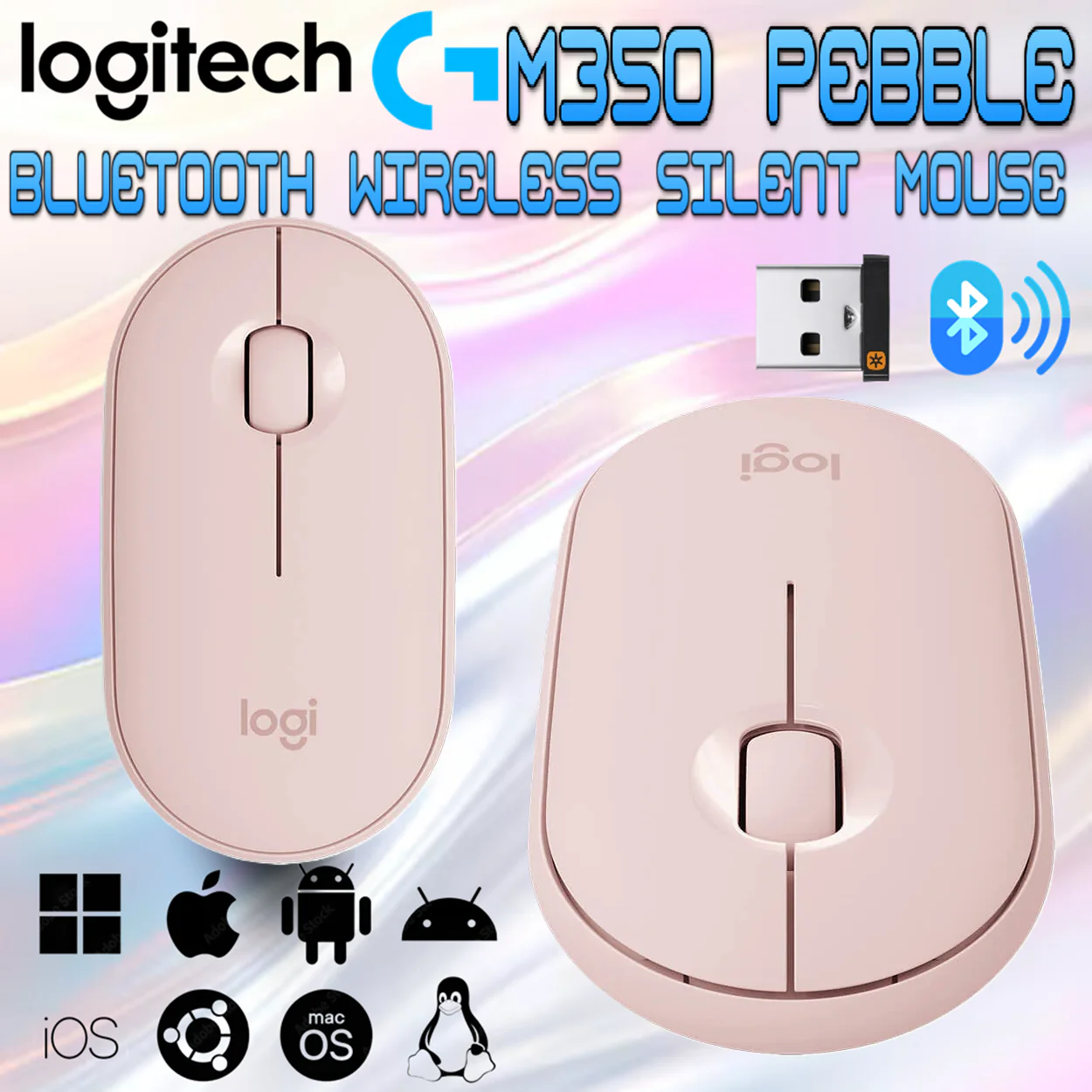 910-005575 LOGITECH MOUSE M350 PEBBLE WIRELESS PINK Logitech M350 Pebble Wireless Silent Mouse with Bluetooth or 2.4 GHz Receiver, Slim Computer Mouse with Quiet Clicks, for Laptop/Notebook/iPad/PC/Mac/Chromebook | PINK