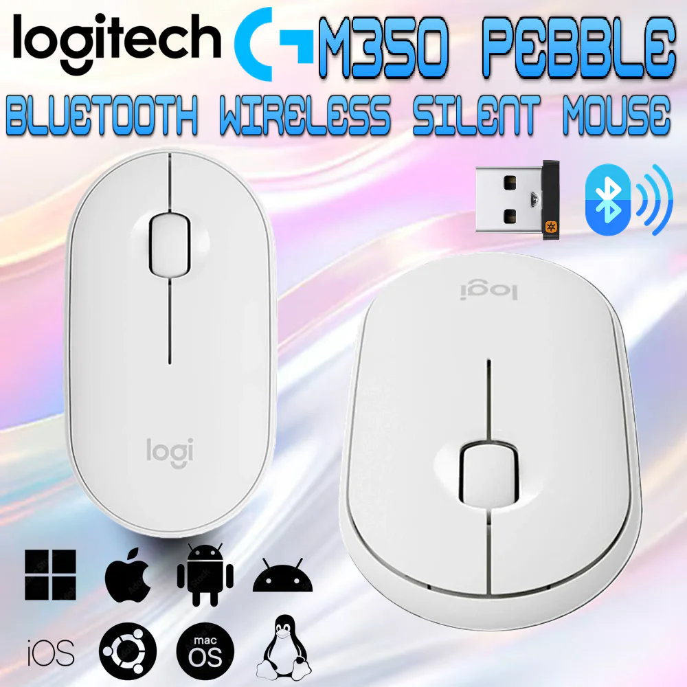 910-005541 LOGITECH MOUSE M350 PEBBLE WIRELESS WHITE Logitech M350 Pebble Wireless Silent Mouse with Bluetooth or 2.4 GHz Receiver, Slim Computer Mouse with Quiet Clicks, for Laptop/Notebook/iPad/PC/Mac/Chromebook | WHITE 