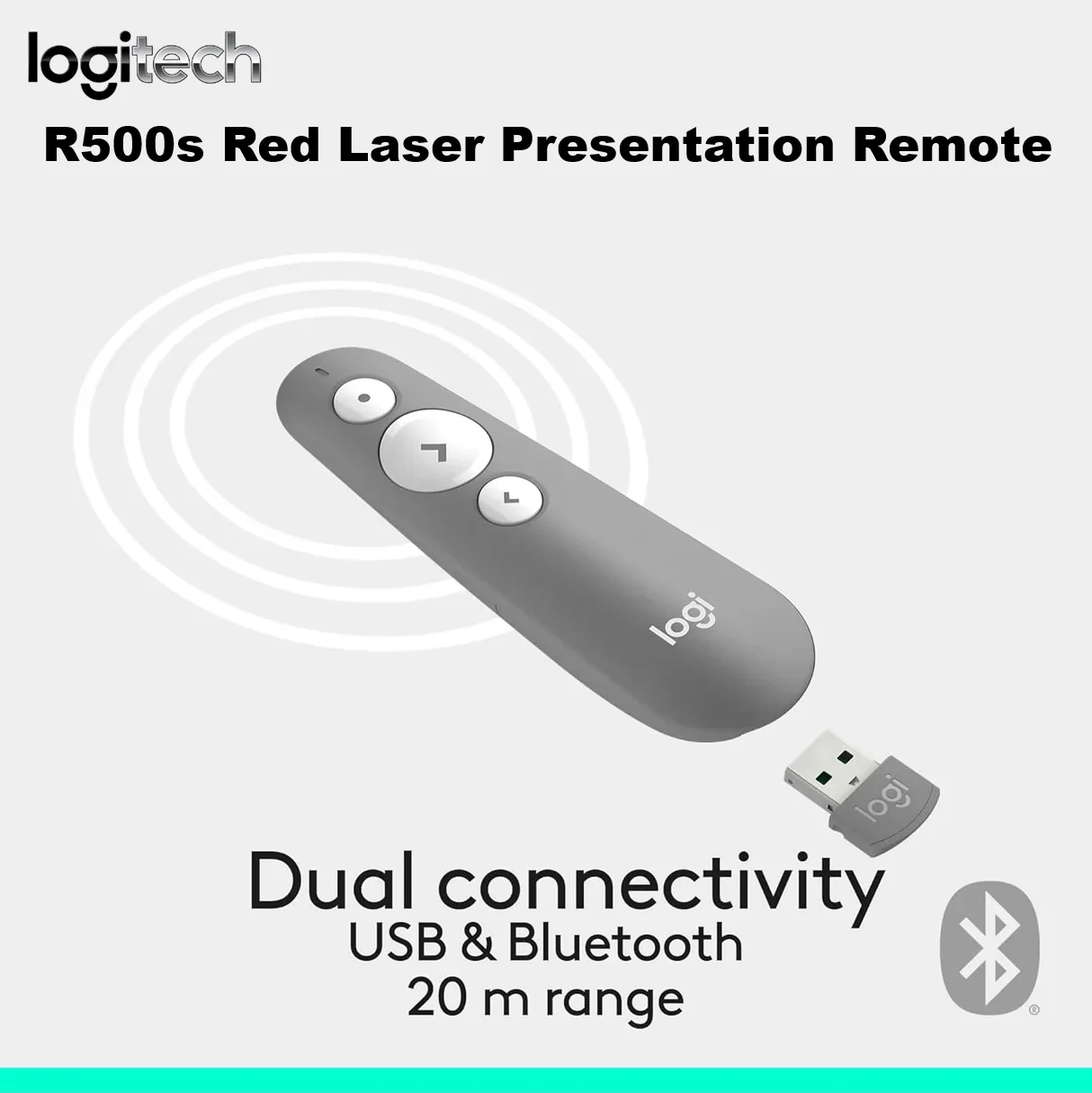 910-006527 LOGITECH R500s WIRELESS LASER PRESENTER BLACK Logitech R500s Laser Presentation Remote With Red Laser Pointer, Bluetooth & USB-A Receiver, 20m Range, Customizable Buttons Via Logi Options+, Windows macOS ChromeOS iOS Android