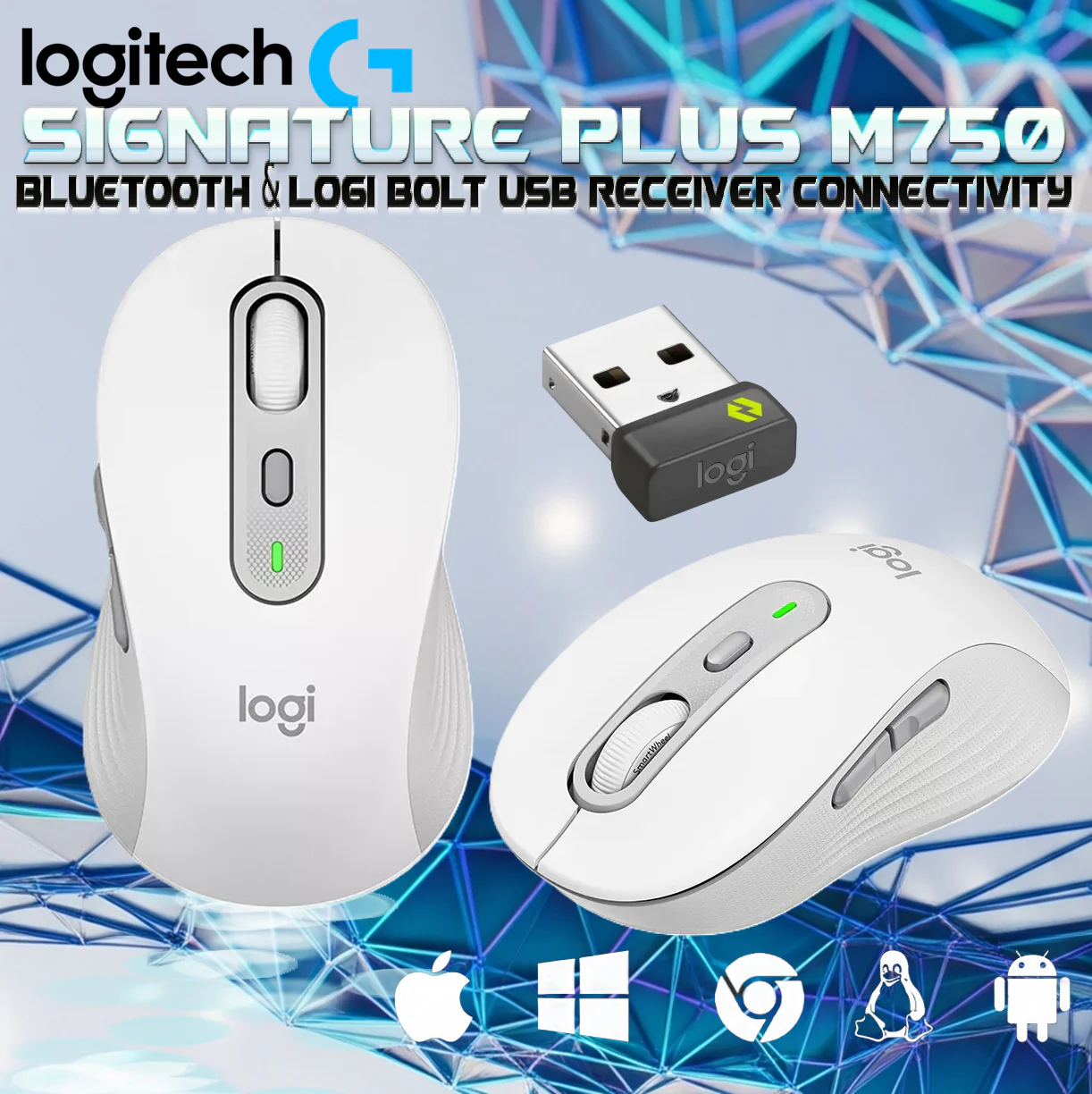910-006271 LOGITECH MOUSE M750 WIRELESS WHITE Logitech Signature Plus M750 Wireless White Mouse, Bluetooth & Logi Bolt , for Small to Medium Hands, SilentTouch, SmartWheel, 6 Buttons, Up To 24-Month Battery, Multi-Device, Recycled Plastic, for Windows - macOS - Linux - ChromeOS - iPadOS - Android |  WHITE Logitech Signature Plus M750 Wireless Mouse – for Small to Medium Hands, SmartWheel, Bluetooth, Multi Device, 24-Month Battery, Silent Clicks, Customizable Side Buttons, Contoured Shape - Graphite