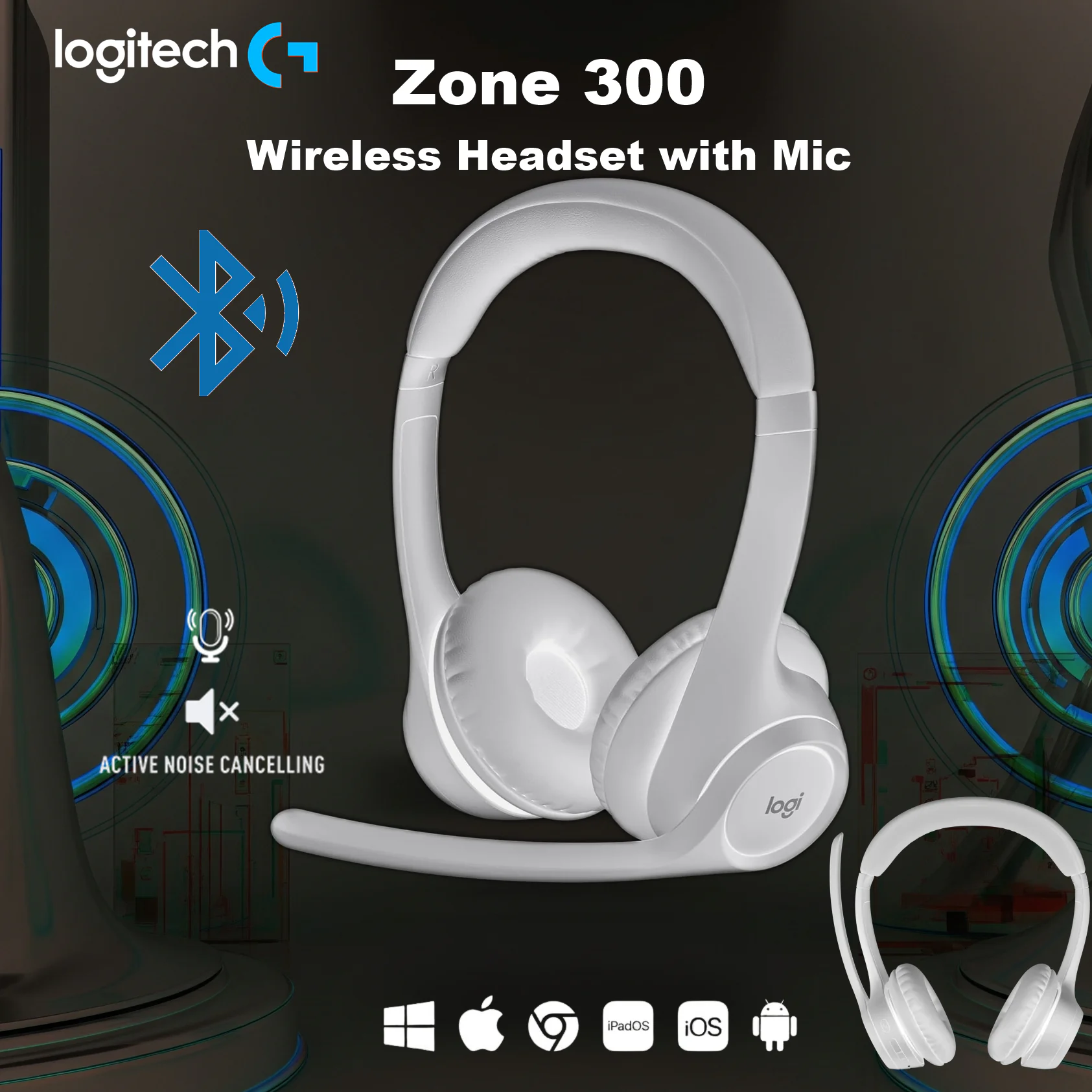 981-001419 LOGITECH HEADSET ZONE 300 WIRELESS PEARL WHITE Logitech Zone 300 Wireless Headset – Lightweight Bluetooth Headphones With Noise-Canceling Dual Mics, Multipoint Connectivity, 20H Battery, Logi Tune, for Windows/ macOS/ ChromeOS/ iOS/ iPadOS/ Android/ Chromebook | PEARL WHITE