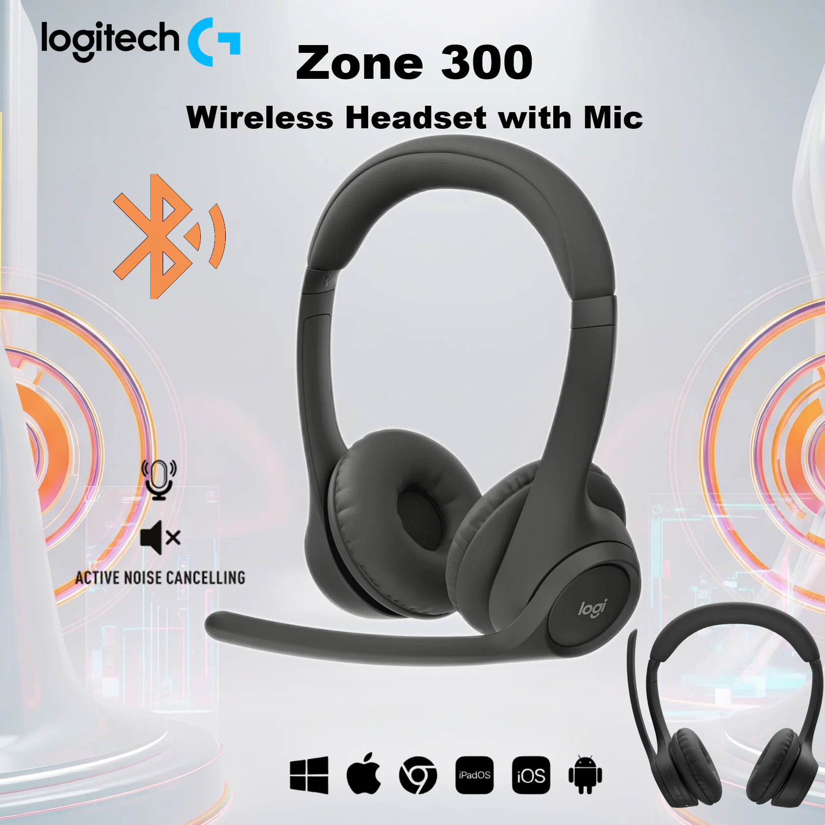 981-001409 LOGITECH HEADSET ZONE 300 WIRELESS MIDNIGHT BLACK Logitech Zone 300 Wireless Headset – Lightweight Bluetooth Headphones With Noise-Canceling Dual Mics, Multipoint Connectivity, 20H Battery, Logi Tune, for Windows/ macOS/ ChromeOS/ iOS/ iPadOS/ Android/ Chromebook – Midnight Black