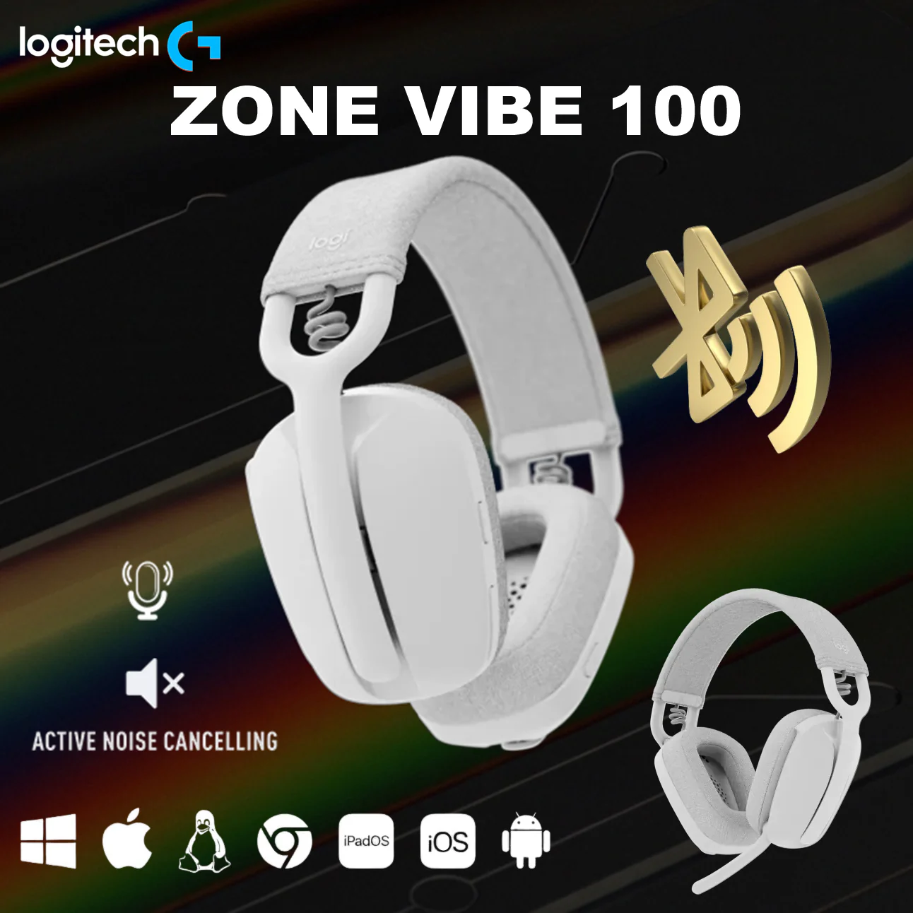 981-001226 LOGITECH HEADSET ZONE VIBE 100 WIRELESS OFF-WHITE Logitech Zone Vibe 100 Lightweight Wireless Over Ear Headphones with Noise Canceling Microphone, Advanced Multipoint Bluetooth Headset, Works with Teams, Google Meet, Zoom, Mac/PC | OFF-WHITE