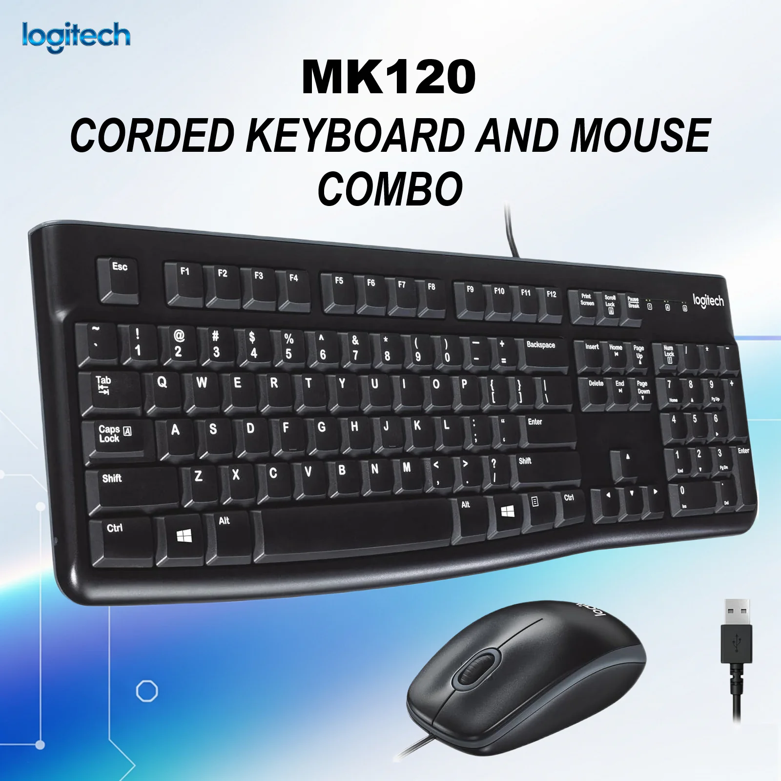 920-002589 LOGITECH KEYBOARD MK120 WIRED BLACK COMBO Logitech MK120 Corded Keyboard And Mouse Combo, Full-Size Keyboard With Number Pad, Spill-Resistant Design, Ambidextrous Mouse, 1000 DPI Optical Tracking, USB Plug-And-Play, Compatible With Windows 7/8/10 Or Later – Graphite Grey