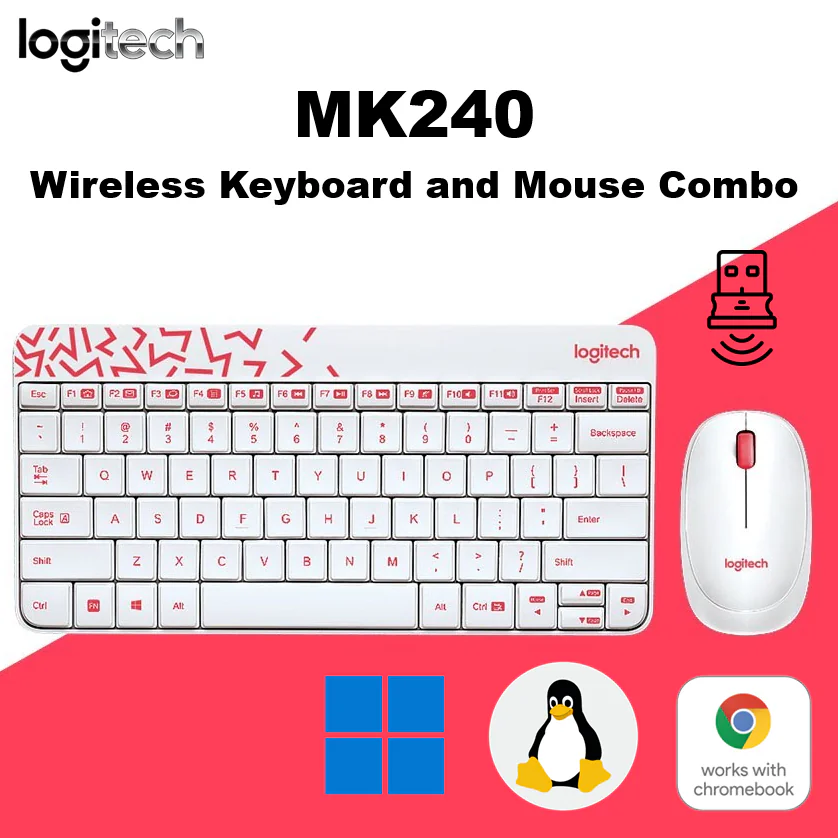 920-008160 LOGITECH KEYBOARD MK240 NANO WIRELESS WHITE/BRIGHT RED COMBO Logitech MK240 Nano Wireless Keyboard And Mouse Combo – Mini Space-Saving Design, Spill-Resistant Keys, Ambidextrous Optical Mouse, 36-Month Keyboard Battery, USB Receiver, Supports Windows®/ ChromeOS/ Linux  | White & Red