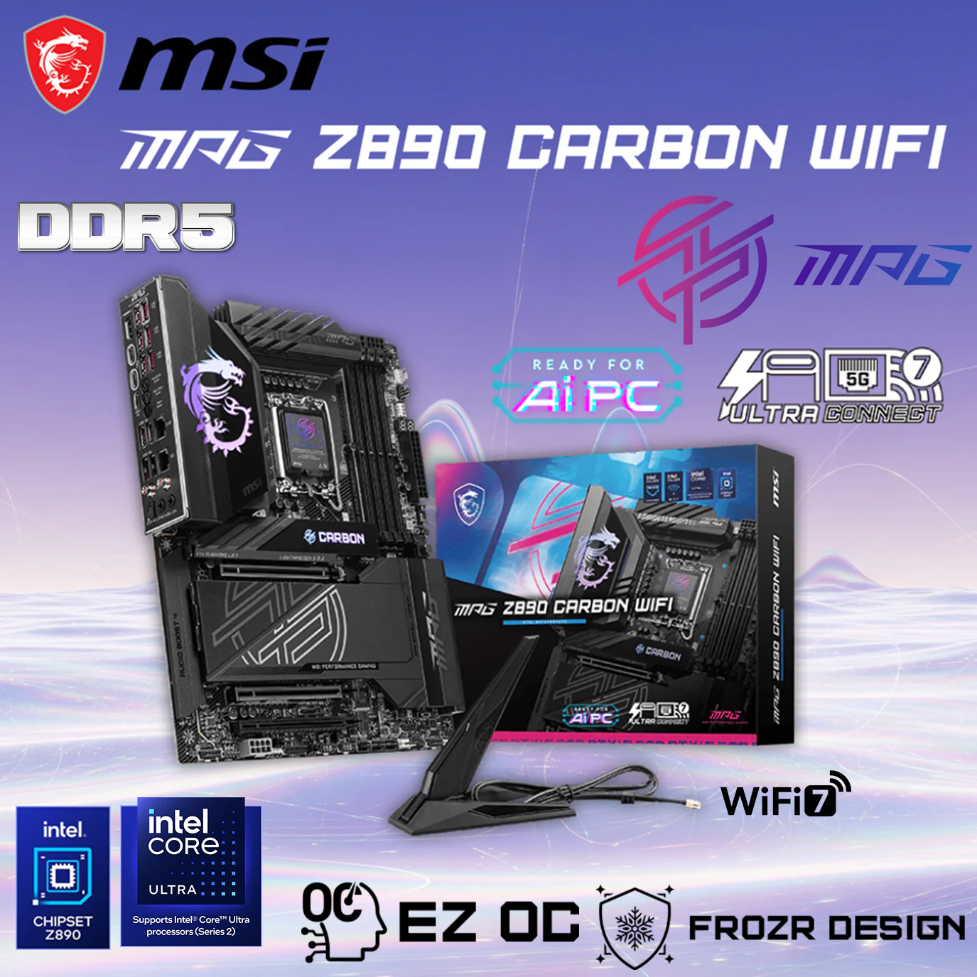 911-7E17-001 MSI MPG Z890 CARBON WIFI 7 GEN5 DDR5 MOTHERBOARD MSI MPG Z890 Carbon WiFi ATX Motherboard, Intel® Z890, DDR5 9200+MT/s OC, PCIe 5.0, Wi-Fi 7, Killer™ 5G LAN, Thunderbolt™ 4, AI Boost, Frozr Cooling, RGB Mystic Light, Supports Intel® Core™ Ultra Processors (Series 2) LGA 1851