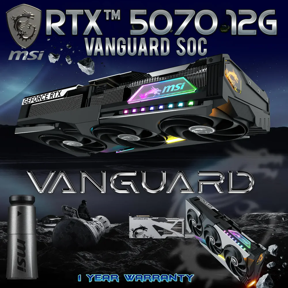 MSI GeForce RTX™ 5070 12G VANGUARD SOC 912-V532-054 MSI GEFORCE RTX 5070 12G VANGUARD SOC MSI GeForce RTX™ 5070 12G Vanguard SOC Graphics Card With DLSS 4, Blackwell GPU, 12GB GDDR7, PCIe Gen5, Dual BIOS, 6144 CUDA®, 2655 MHz Extreme, Hyper Frozr Cooling, RGB, Metal Backplate