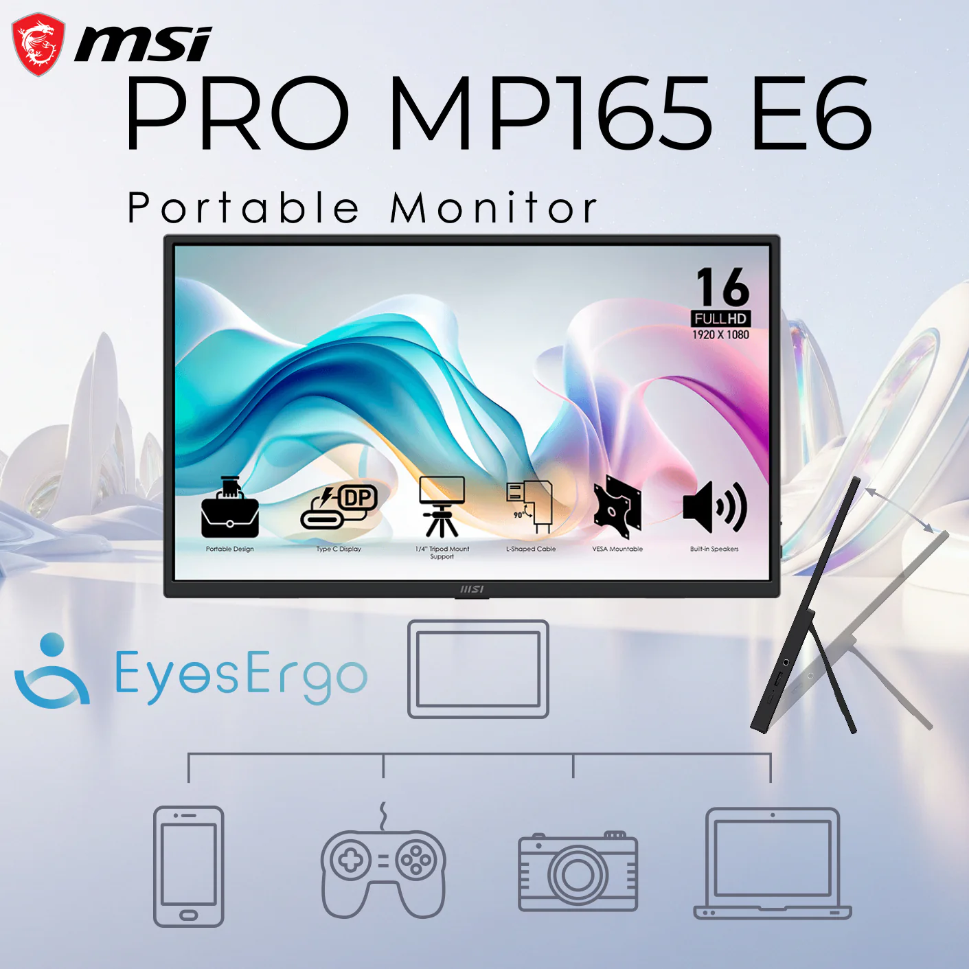 9S6-3PE50M-008 MSI PRO MP165 E6 15.6" 60Hz SCREEN  PRO MP165 E6 Portable Monitor – 15.6” FHD IPS Panel | One Type-C Cable Power & Display | 0.78kg Ultra-Light | VESA & Tripod Mount | Eye Care Tech + Built-In Speakers 