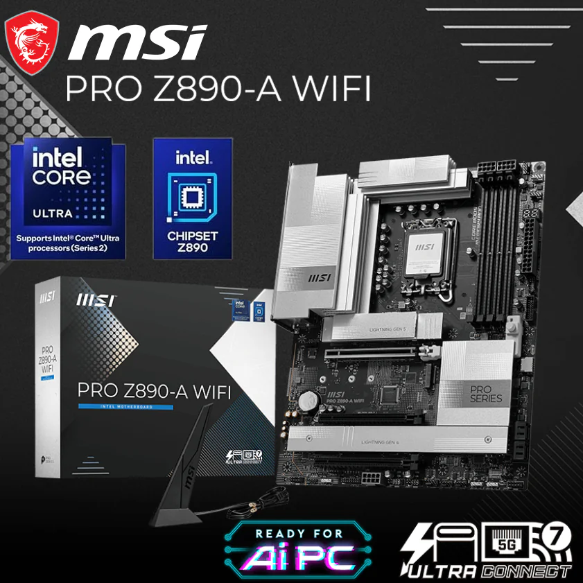 MSI PRO Z890-A WIFI Motherboard Supports Intel® Core™ Ultra Processors (Series 2) -- MAIN - Copy 911-7E32-006 MSI PRO Z890-A WIFI 7 DDR5 MOTHERBOARD MSI Pro Z890-A WiFi ATX DDR5 Motherboard With Intel Z890 Chipset, Supports Intel® Core™ Ultra Processors (Series 2) LGA 1851 Socket, DDR5 9200+ MHz, PCIe 5.0, Wi-Fi 7, 5G LAN, Thunderbolt 4, AI Engine & EZ DIY Features