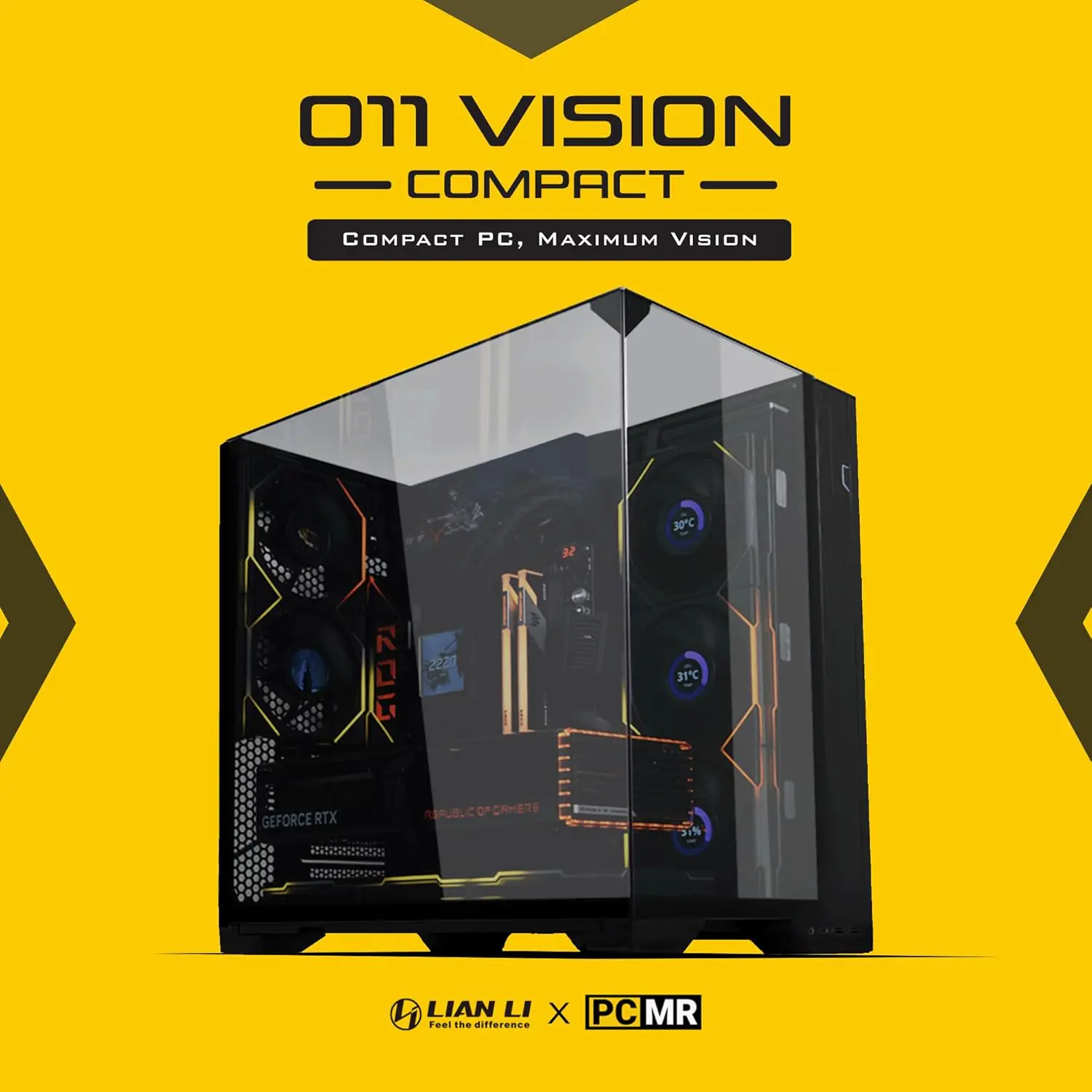NIlhyLO O11VPX-BLACK LIAN LI CASE O11 VISION COMPACT BLACK Lian Li O11 VISION COMPACT O11VPX Black Mid-Tower With Swappable Mesh/Glass Top, Up To 14 Fans, 360mm Radiator Support, Back-Connect ATX Compatible, Toolless Cable Management