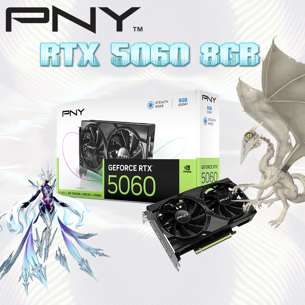 VCG50608DFXPB1 PNY RTX 5060 8GB GDDR7 PCIE 5.0 STEALTH MODE 2 FANS PNY GeForce RTX™ 5060 8GB Dual Fan Graphics Card With NVIDIA Blackwell, DLSS 4, 3840 CUDA Cores, GDDR7 8GB, PCIe Gen 5, 4K/8K Multi-Screen, NVIDIA Studio & Reflex