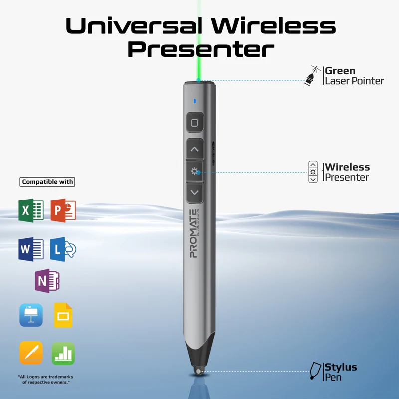 PROPOINTER-S PROMATE 2 IN 1 UNIVERSAL INTUITIVE WIRELESS PRESENTER PEN Universal Intuitive 2.4GHz Wireless Green Laser Presenter with Stylus Pen , Dual Stylus For Capacitive & Infrared Screens, USB-A Dongle, 220mAh Battery, Mac/Windows Compatible | ProPointer-S 