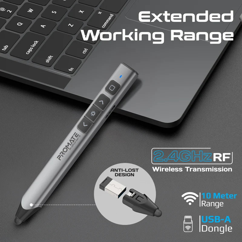 PROPOINTER-S PROMATE 2 IN 1 UNIVERSAL INTUITIVE WIRELESS PRESENTER PEN Universal Intuitive 2.4GHz Wireless Green Laser Presenter with Stylus Pen , Dual Stylus For Capacitive & Infrared Screens, USB-A Dongle, 220mAh Battery, Mac/Windows Compatible | ProPointer-S 