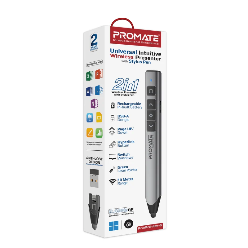 PROPOINTER-S PROMATE 2 IN 1 UNIVERSAL INTUITIVE WIRELESS PRESENTER PEN Universal Intuitive 2.4GHz Wireless Green Laser Presenter with Stylus Pen , Dual Stylus For Capacitive & Infrared Screens, USB-A Dongle, 220mAh Battery, Mac/Windows Compatible | ProPointer-S 