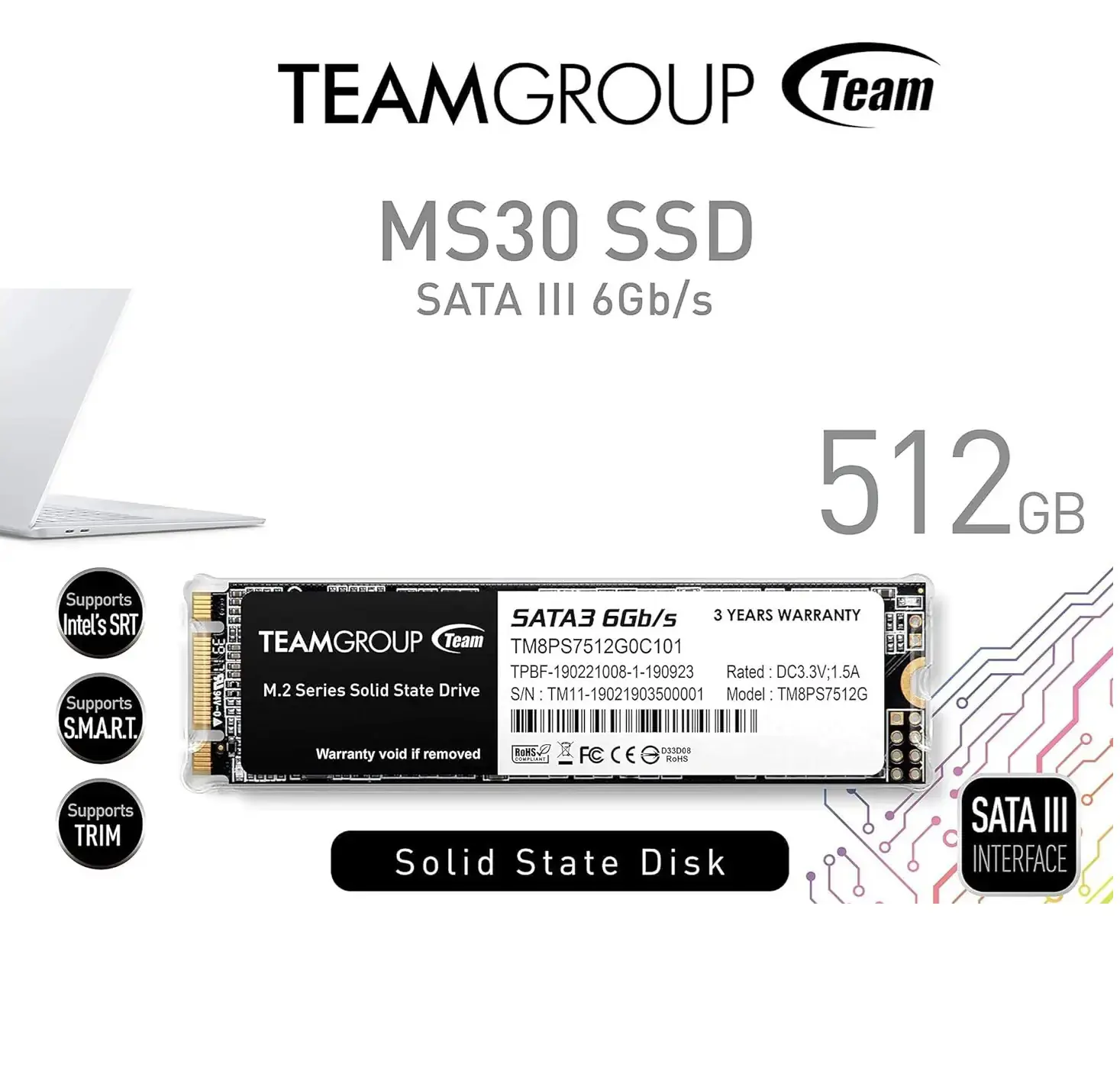 SDV TEAMGROUP MS30 512GB M.2 SATA III 6Gb/s SSD – High-Speed NGFF Solid State Drive with Intel SRT, TRIM, S.M.A.R.T., Power Saving Tech, 1.5M Hours MTBF - Image 1