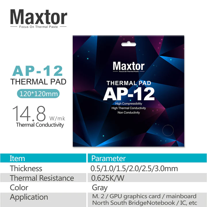 Maxtor AP-12 Thermal Pad 3mm 120x120mm – 14.8 W/m-K Heat Conductivity, Non-Conductive Silicone, High Temp Resistance for GPUs, VRMs, M.2 SSDs & Chipsets