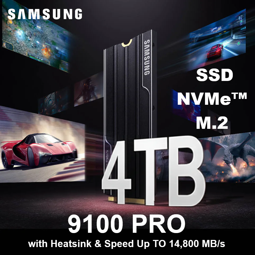MZ-VAP4T0CW SAMSUNG 9100 PRO M.2 NVME 4TB WITH HEATSINK Samsung 9100 PRO With Heatsink 4TB NVMe M.2 PCIe 5.0 SSD – Up To 14,800MB/s, 2,200K IOPS, 49% Power Efficiency Boost, AES 256-Bit Encryption, PS5 & PC Compatible