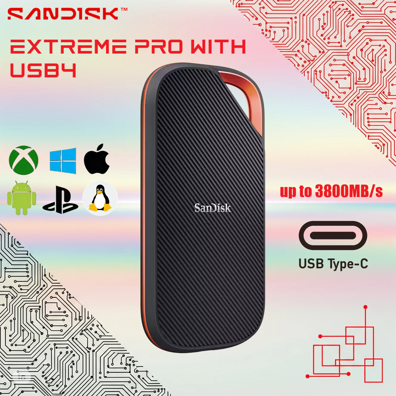 SDSSDE82-2T00-G25 EXTERNAL SANDISK 2TB PORTABLE SSD 3800Mb/s SanDisk Extreme PRO USB4 2TB Portable SSD With Up To 3800MB/s Read, 3700MB/s Write, Rugged IP65 Build, USB-C Cable, USB 3.2 & Thunderbolt 4 Compatible , Compatible with Windows® - macOS - Xbox Series X|S - PS5