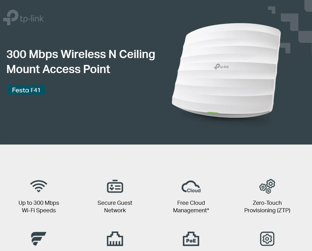 TP-Link FESTA F41 300Mbps Wireless N Ceiling Mount Access Point – PoE Support, Cloud Management, Easy Setup, 2x4dBi Antennas, Wall/Ceiling Mount Kit
