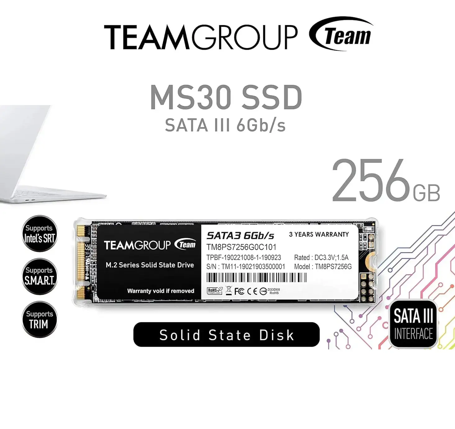 TEAMGROUP MS30 256GB M.2 SATA III 6Gb/s SSD – High-Speed NGFF Solid State Drive with Intel SRT, TRIM, S.M.A.R.T., Power Saving Tech, 1.5M Hours MTBF