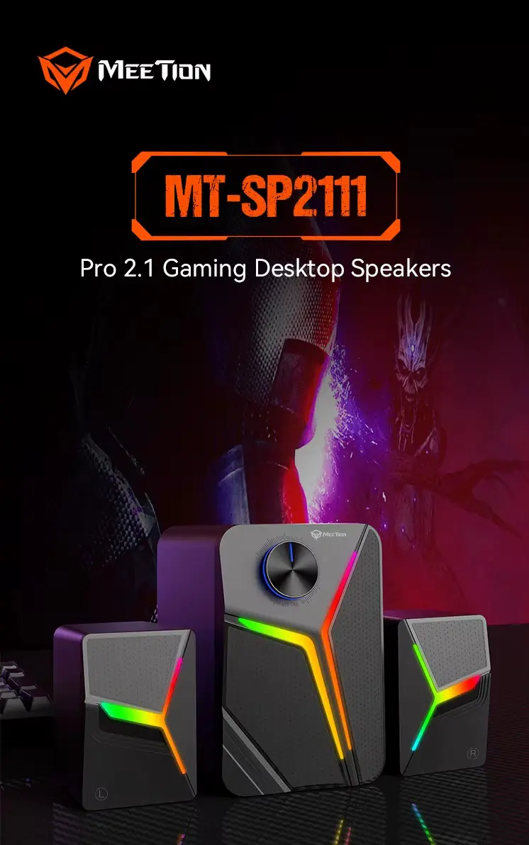 MEETION SP2111 2.1 Gaming Speakers – 15W Output, Bluetooth 5.0, USB, 3.5mm, RGB Pulse Lighting, Subwoofer + Dual Full-Range Drivers for Immersive Sound