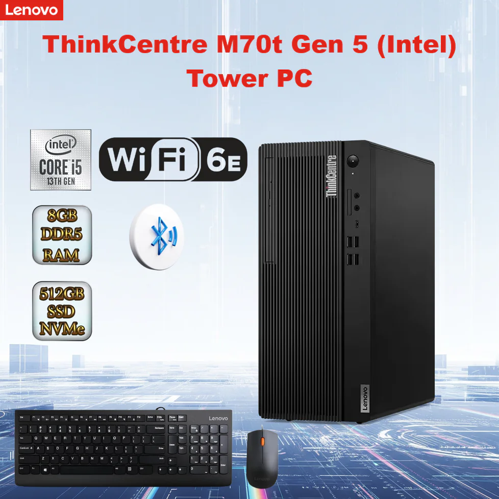 ThinkCentre M70t Gen 5 (Intel) Tower PC 12U6005LGP LENOVO THINKCENTRE M70T GEN5 I5-13400 DDR5 8GB 512GB ENG DOS LENOVO ThinkCentre M70t Gen 5 Desktop Intel® Core i5-13400 | 8GB DDR5 RAM ; 512 SSD NVMe® | Intel® UHD Graphics 730 | DOS | Wi-Fi® 6E + BT5.3 + Ethernet | Wired Mouse & Keyboard Included | BLACK | 1 YEAR WARRANTY