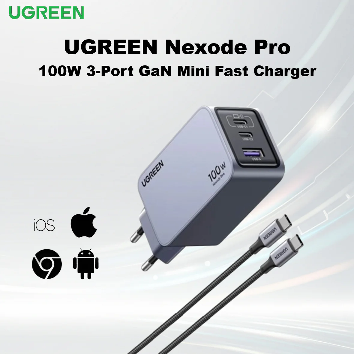 UGREEN-X757-25874 UGREEN NEXODE PRO 100W 3-PORT GaN FAST CHARGER SET EU UGREEN Nexode Pro 100W USB C Charger, 3-Port GaN Compact Fast PPS Wall Charger for MacBook Pro/Air, Pixelbook, iPad, iPhone 16/15/14, Galaxy S24/S23, Pixel 9/8, Steam Deck and More  UGREEN Nexode Pro 100W 3-Port GaN Mini Fast Charger With USB-C And USB-A Ports, PD3.0, Compact 45% Smaller Design, Multi-Device Fast Charging , Fast PPS Wall Charger for MacBook Pro/Air, Pixelbook, iPad, iPhone 16/15/14, Galaxy S24/S23, Pixel 9/8, Steam Deck and More 