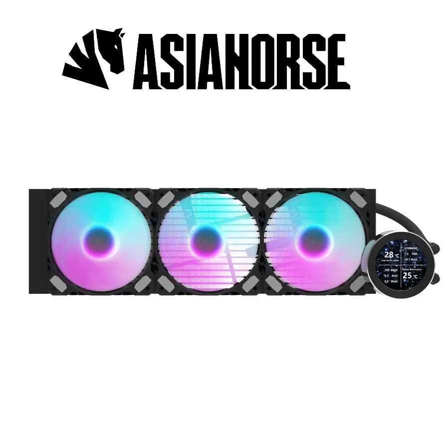 ASIAHORSE 360mm ARGB Liquid Cooler with LCD Display – 3x120mm PWM Fans, 2.8" IPS Screen, Copper Cold Plate, 65CFM, Intel & AMD Compatible, Black