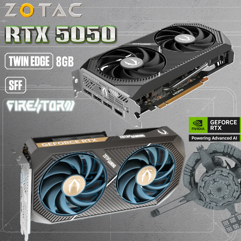 ZT-B50500E-10M ZOTAC GEFORCE RTX 5050 8GB TWIN EDGE GDDR6 128BIT FIRE STORM ZOTAC Gaming GeForce RTX 5050 Twin Edge GPU, 8GB GDDR6, Blackwell Architecture, DLSS 4, PCIe 5.0, HDMI 2.1b, 3x DP 2.1b, Dual Fans, SFF-Ready, 130W TDP, Metal Backplate