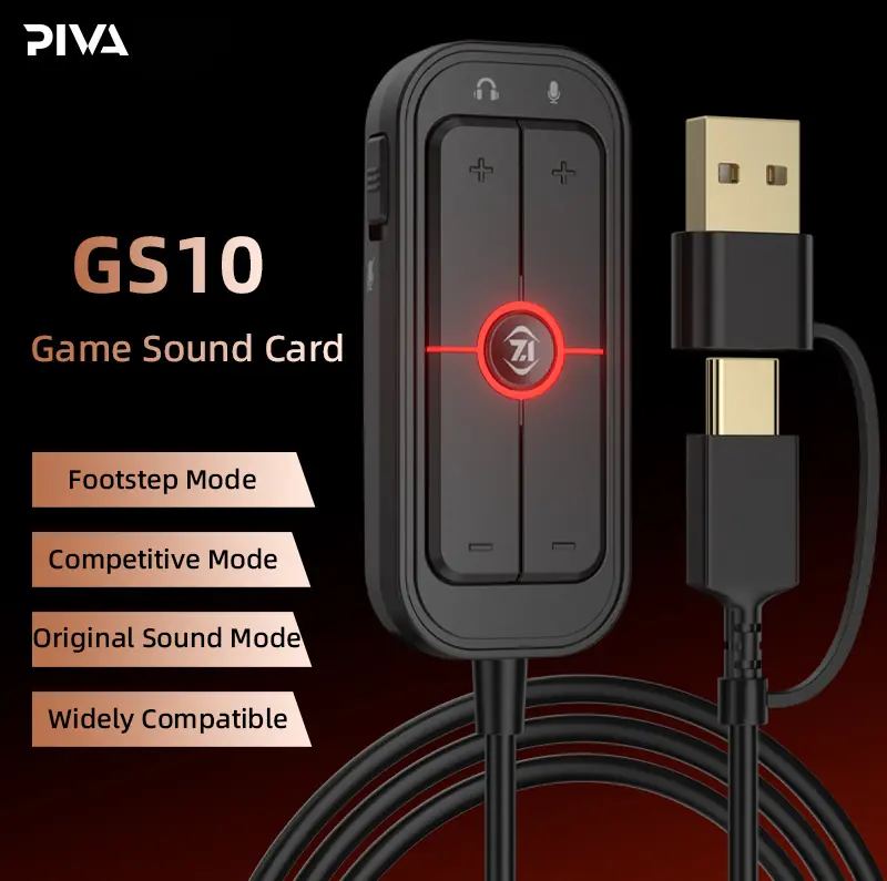 PIVA G510 Vertical Gaming Sound Card – 7.1 Virtual Surround, 16Bit/48kHz Audio, Type-C to USB, Noise-Cancelling Mic, 3 EQ Modes, 3.5mm Jack, 1.2m Cable