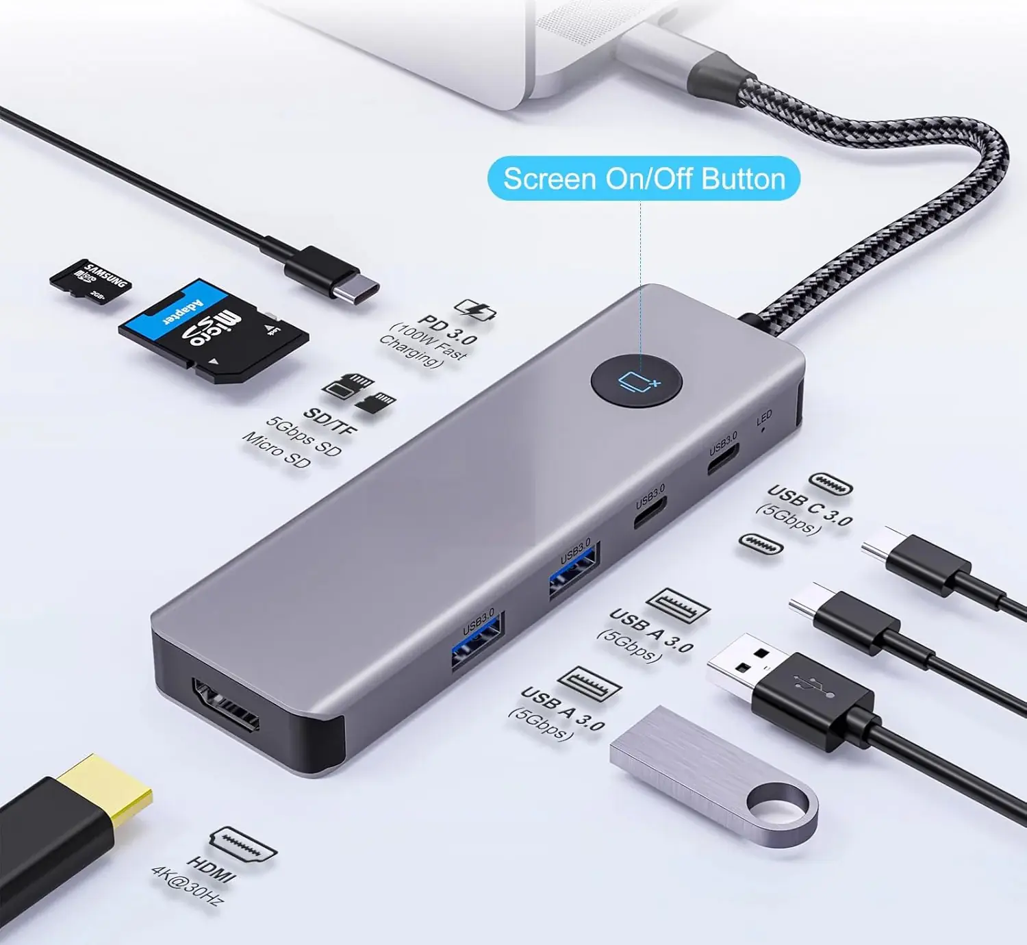 BYL 9-in-1 USB-C Hub With 100W PD Fast Charging, 4K HDMI, 2 USB 3.0, 2 USB-C 3.0, SD/TF Card Readers, 5Gbps Data Transfer, Plug & Play, Aluminum Silver Design