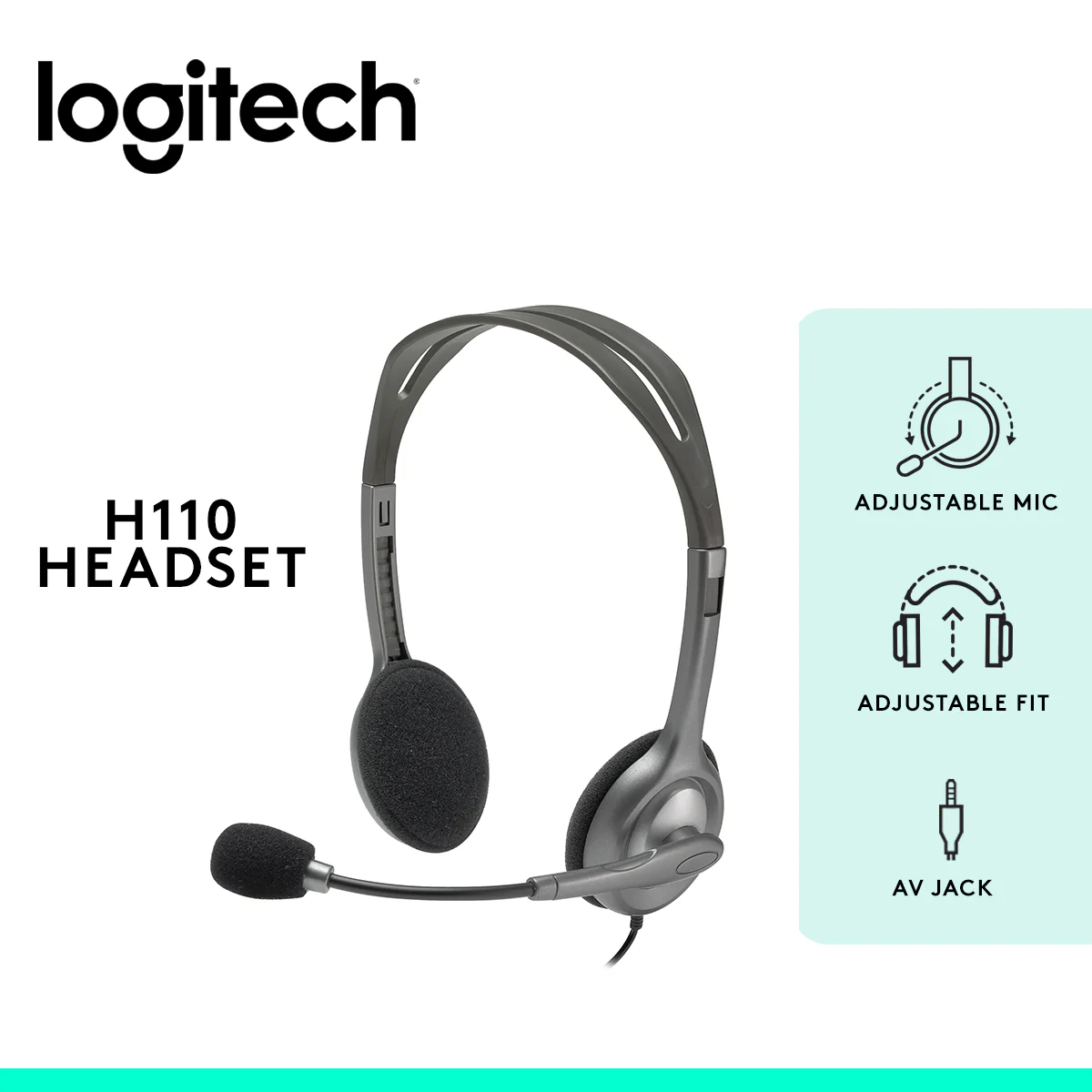 981-000472 LOGITECH HEADSET H110 WIRED STEREO DUAL PLUG GRAY Logitech H110 Stereo Headset With 180° Rotating Noise-Reducing Microphone, Dual 3.5mm Jacks, Lightweight Adjustable Headband, Stereo Sound | Dark Grey