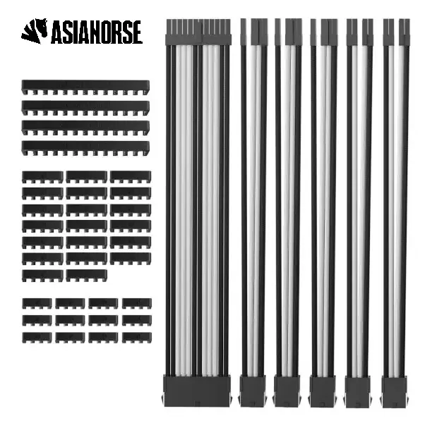 AsiaHorse 18AWG Black-White Sleeved PSU Extension Cable Kit – 6 Pack, 300mm, PET Braided, Phosphor Copper Terminals, Durable & Flexible Cable Management Solution