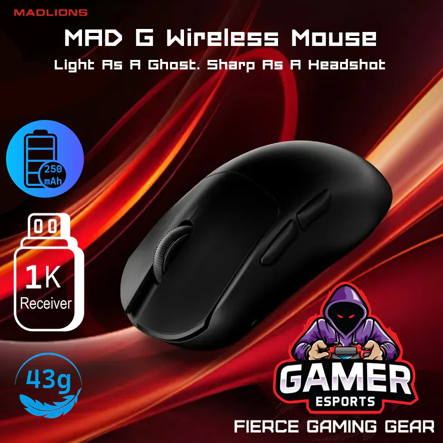 MADLIONS-MAD-G MADLIONS MOUSE MAD G FIERCE GAMING GEAR LIGHT WIEGHT 43G PAW 3395 Madlions MAD G Series Ultra-Lightweight 43g Esports Gaming Mouse With PAW 3395 Sensor , Adjustable DPI Up To 26 000 , 1KHz Wired/Wireless, Ice Lion Coating, PTFE Skates & Grip Stickers , USB-C | BLACK 