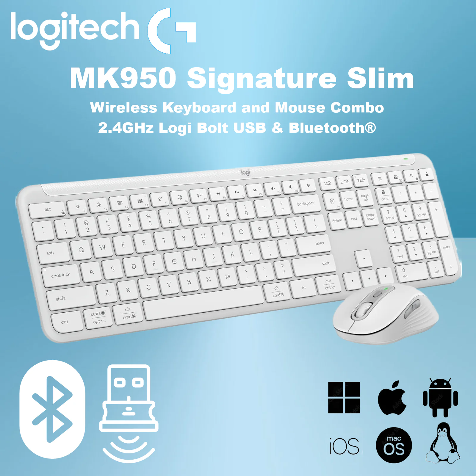 920-012477 LOGITECH KEYBOARD MK950 SIGNATURE SLIM WIRELESS GRAPHITE GRAY COMBO Logitech Signature Slim Combo MK950 With Signature Plus Mouse M750, Multi-Device Bluetooth & Logi Bolt, Flow Support, SmartWheel, SilentTouch, Supports Windows/ macOS/ ChromeOS/Linux/ iPadOS / iOS 14/ Android 9 | Off-white